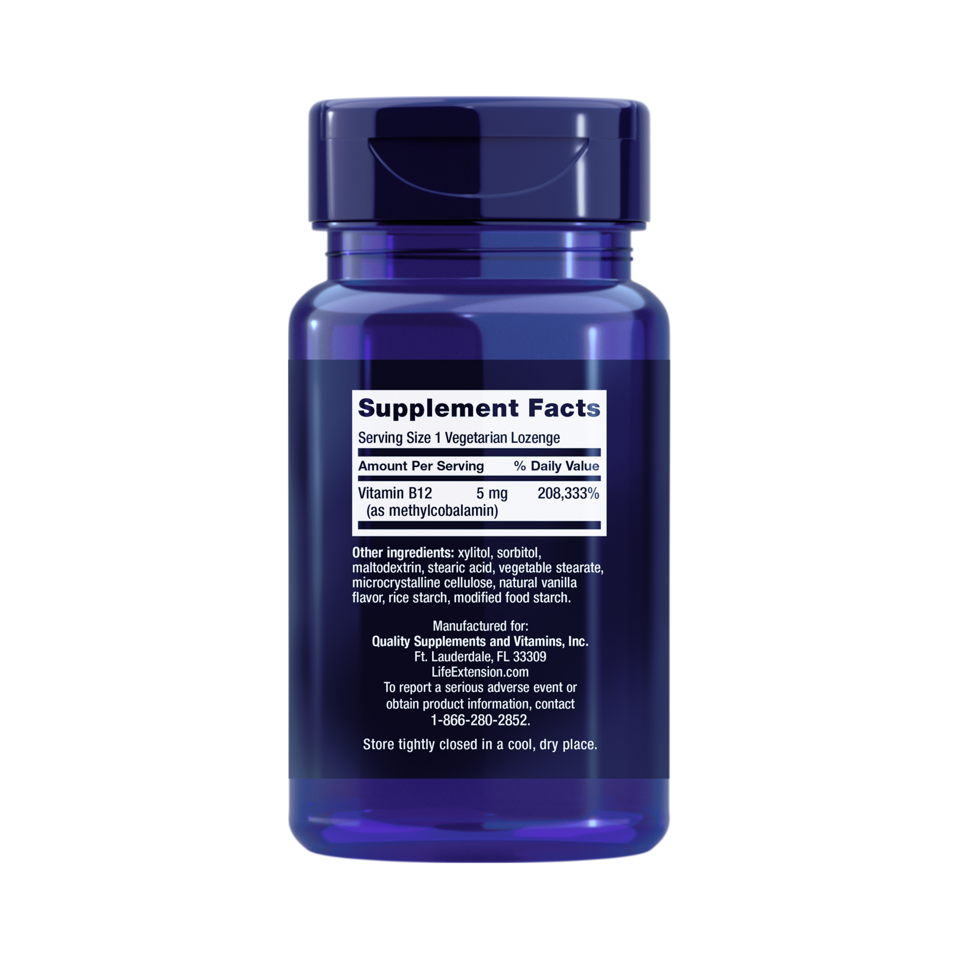 Life Extension, Vitamin B12 Methylcobalamin (5 mg) back packaging view