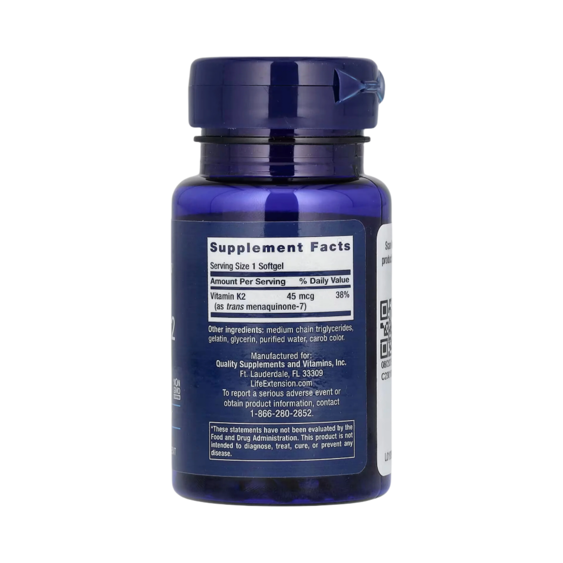 Life Extension, Low Dose Vitamin K2 (MK-7), 45 Mcg, 90 Softgels back packaging view