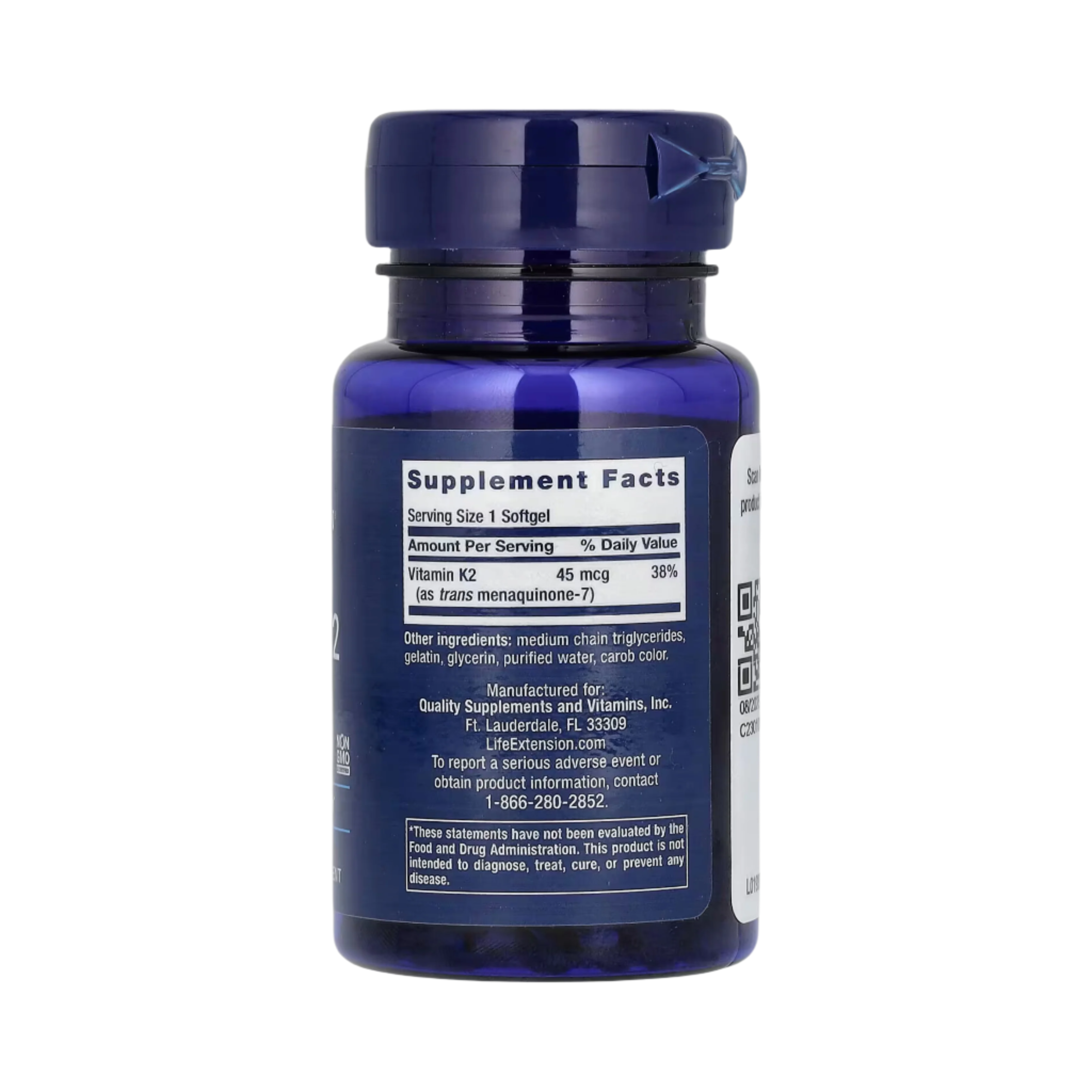 Life Extension, Low Dose Vitamin K2 (MK-7), 45 Mcg, 90 Softgels back packaging view