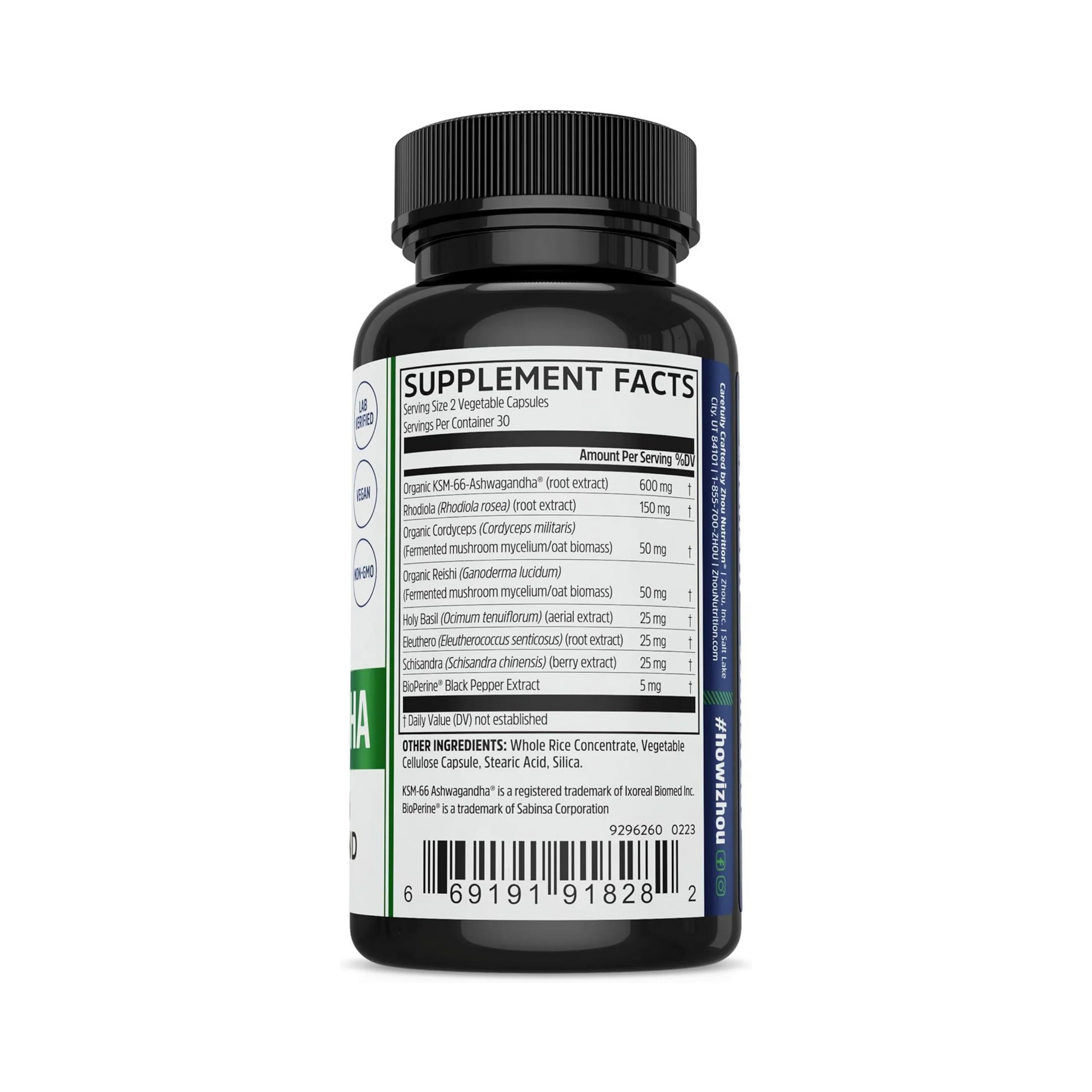 Zhou Nutrition, Ashwagandha, 60 Veggie Capsules back packaging view