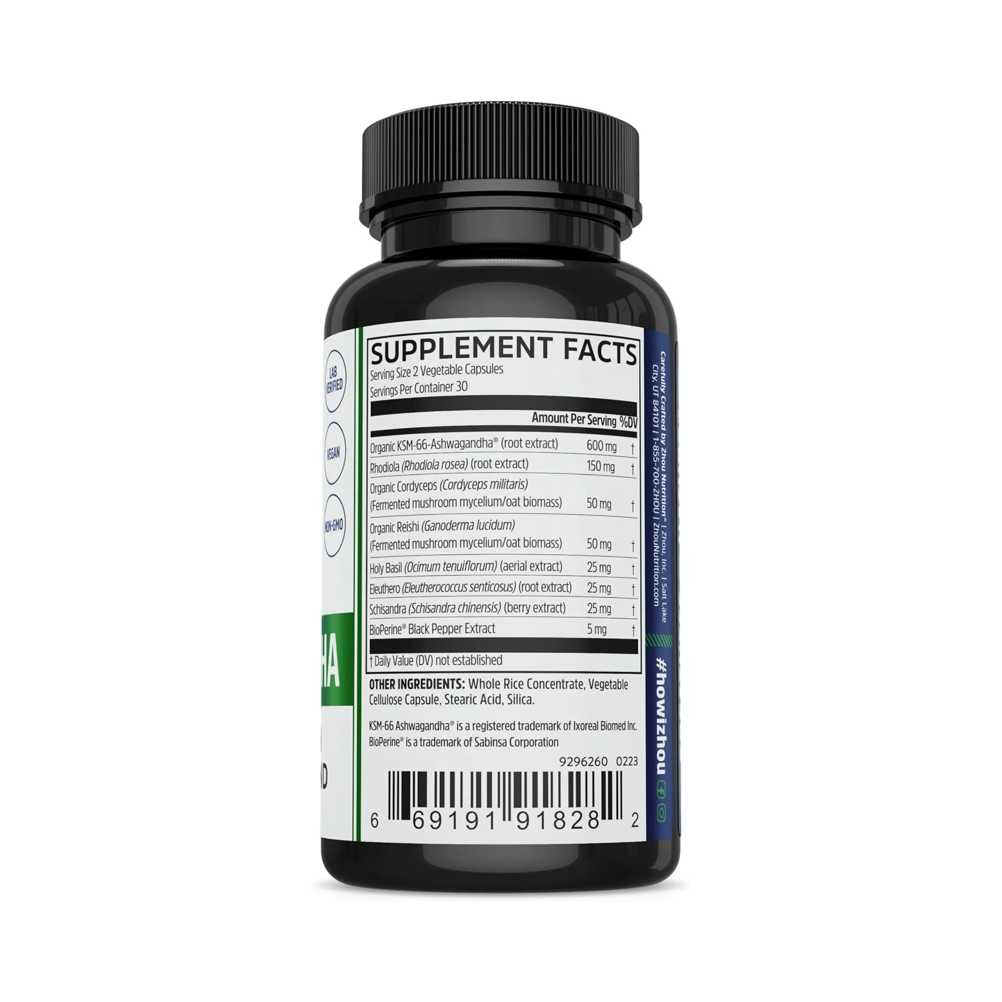 Zhou Nutrition, Ashwagandha, 60 Veggie Capsules back packaging view