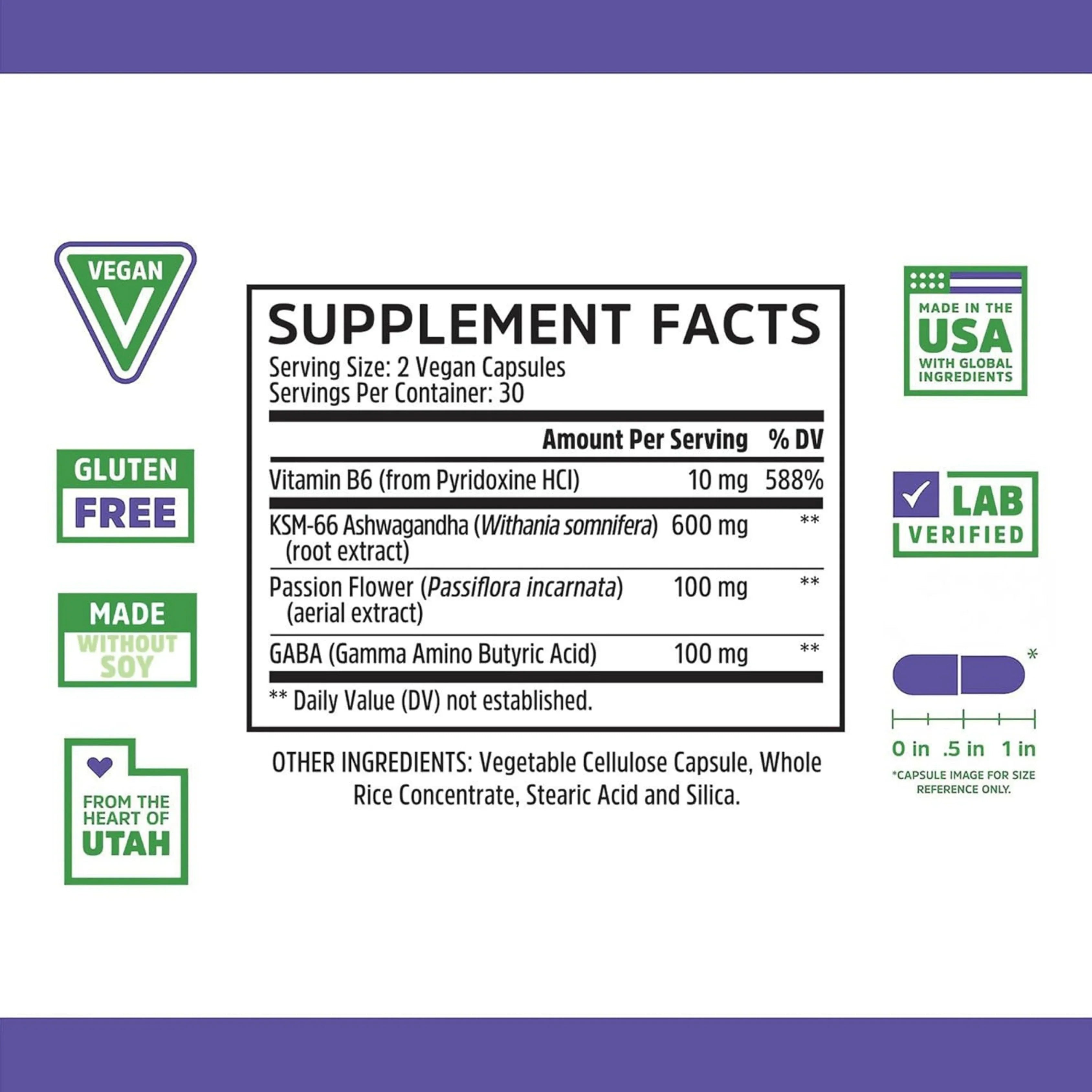 Zhou, Calm Now, Stress & Focus Support, 60 Veggie Capsules supplement facts label showing ingredients, vitamins, minerals, and serving information