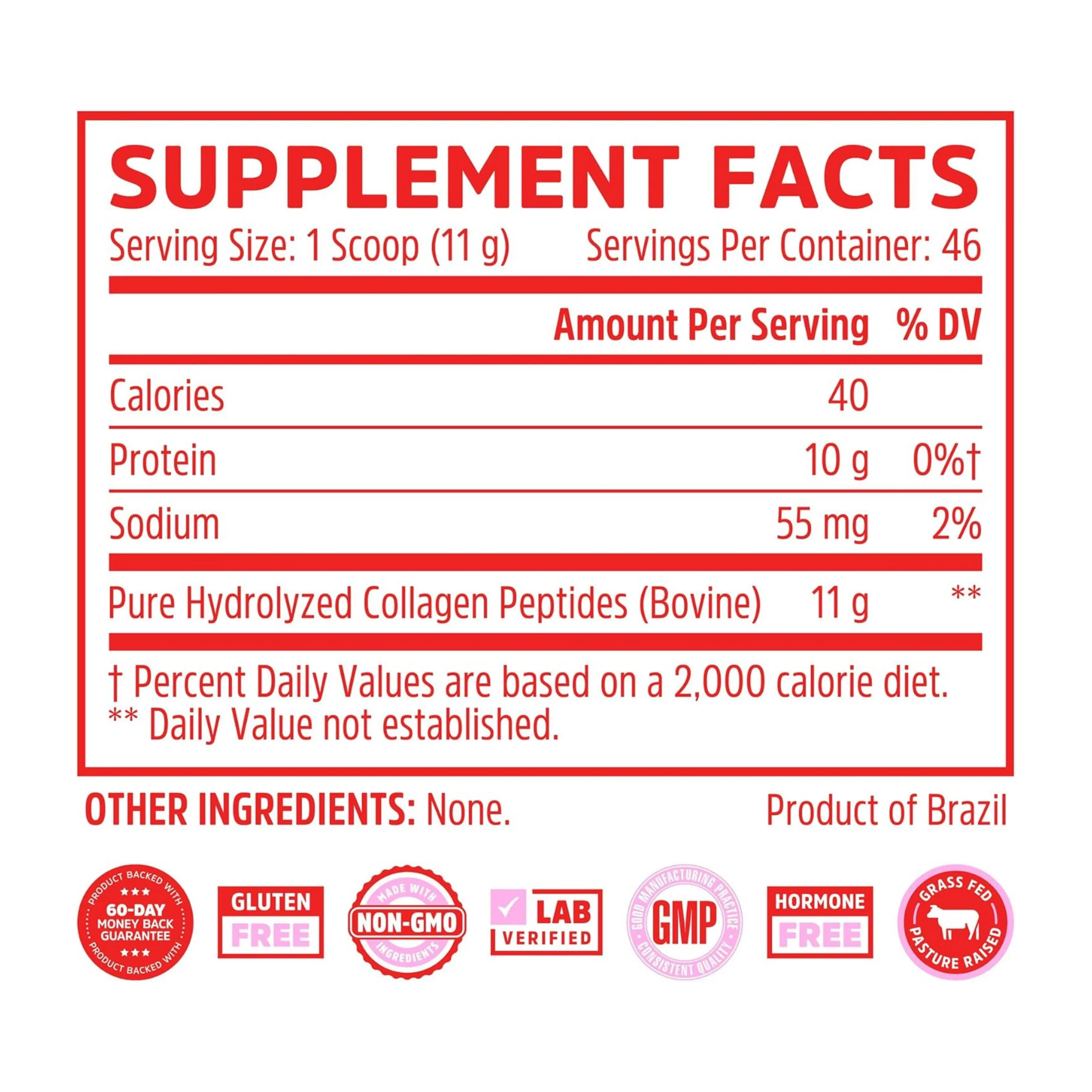 Zhou Nutrition, Collagen Peptides, 18 oz (510 g) supplement facts label showing ingredients, vitamins, minerals, and serving information