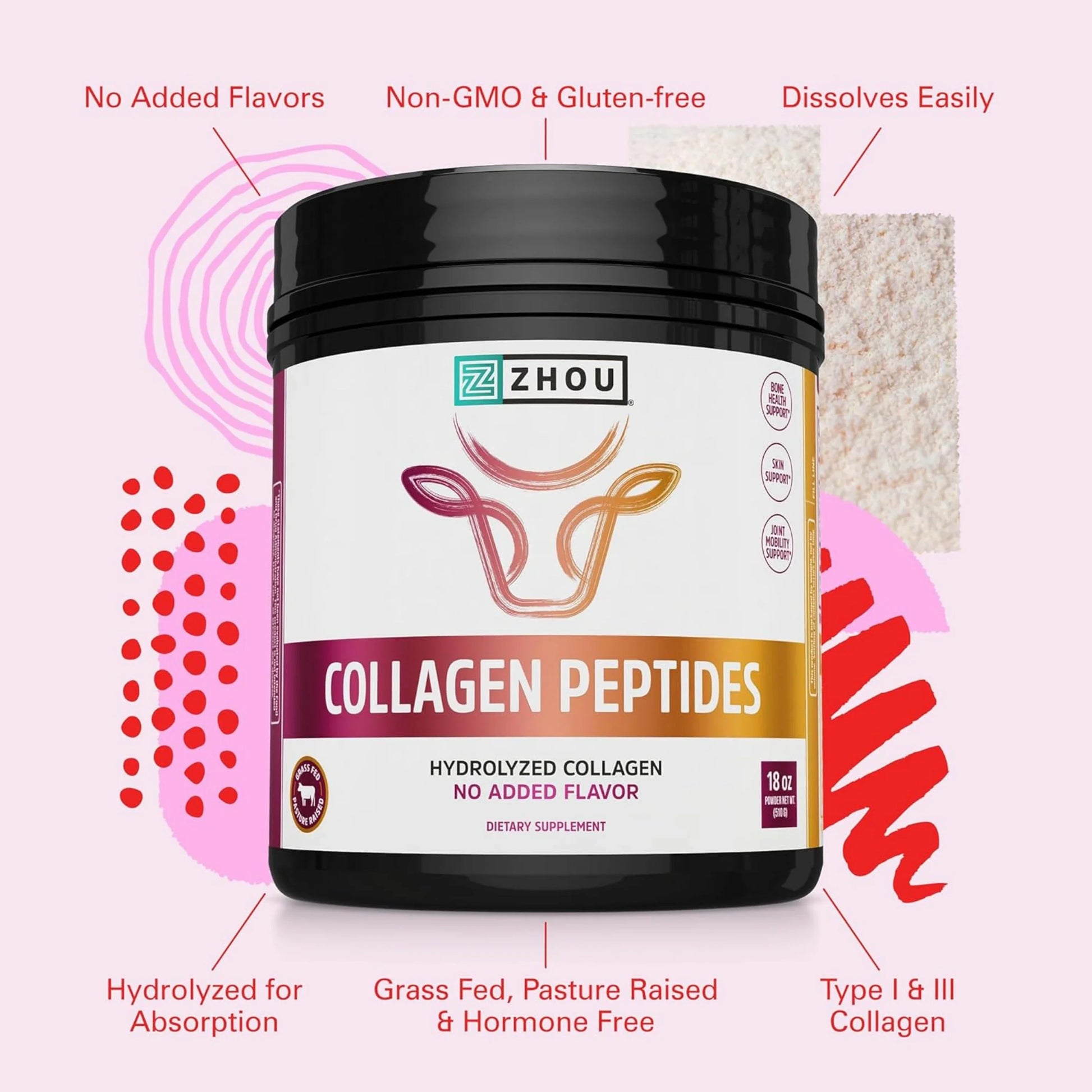 Zhou Nutrition, Collagen Peptides, 18 oz (510 g) packaging side view