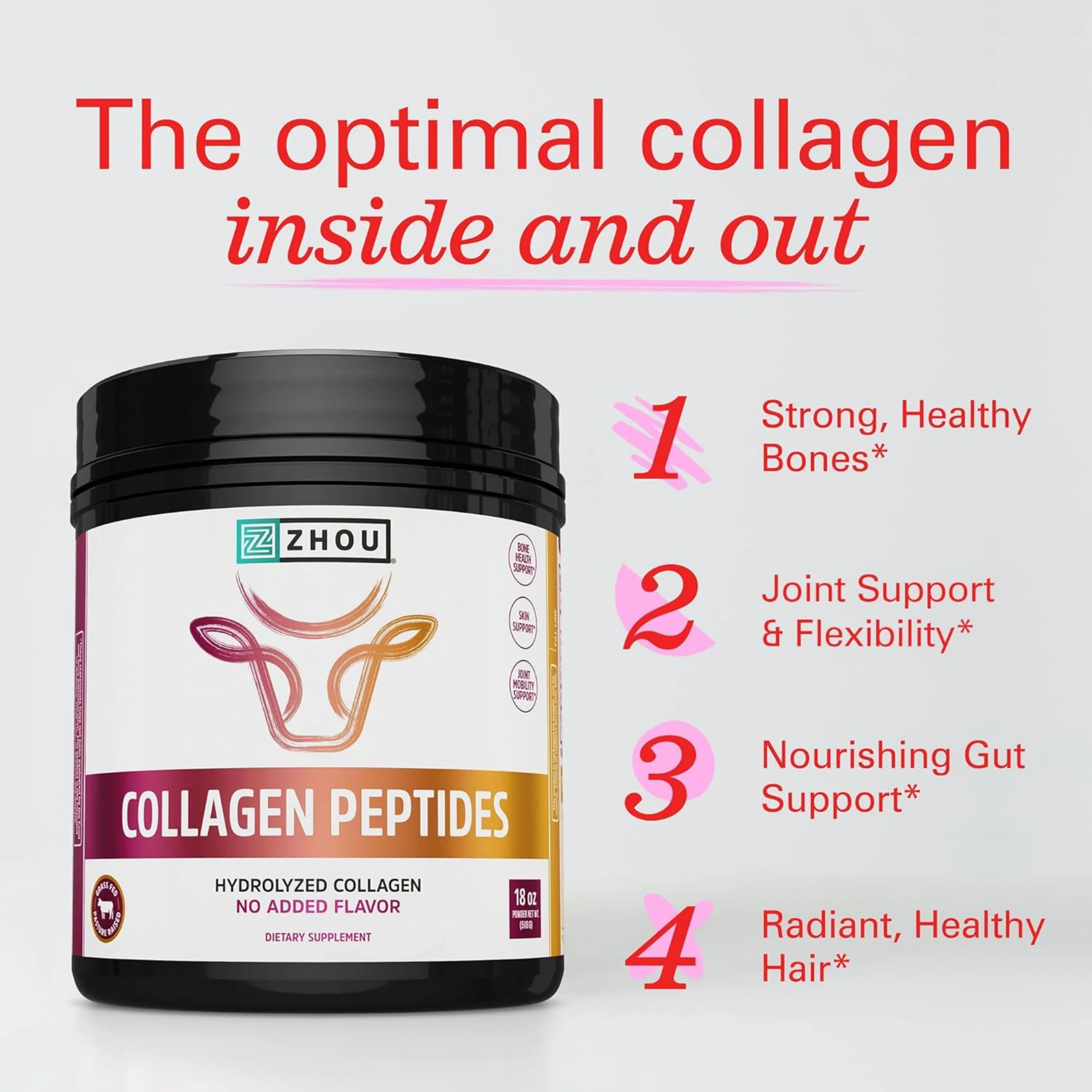 Zhou Nutrition, Collagen Peptides, 18 oz (510 g) packaging side view