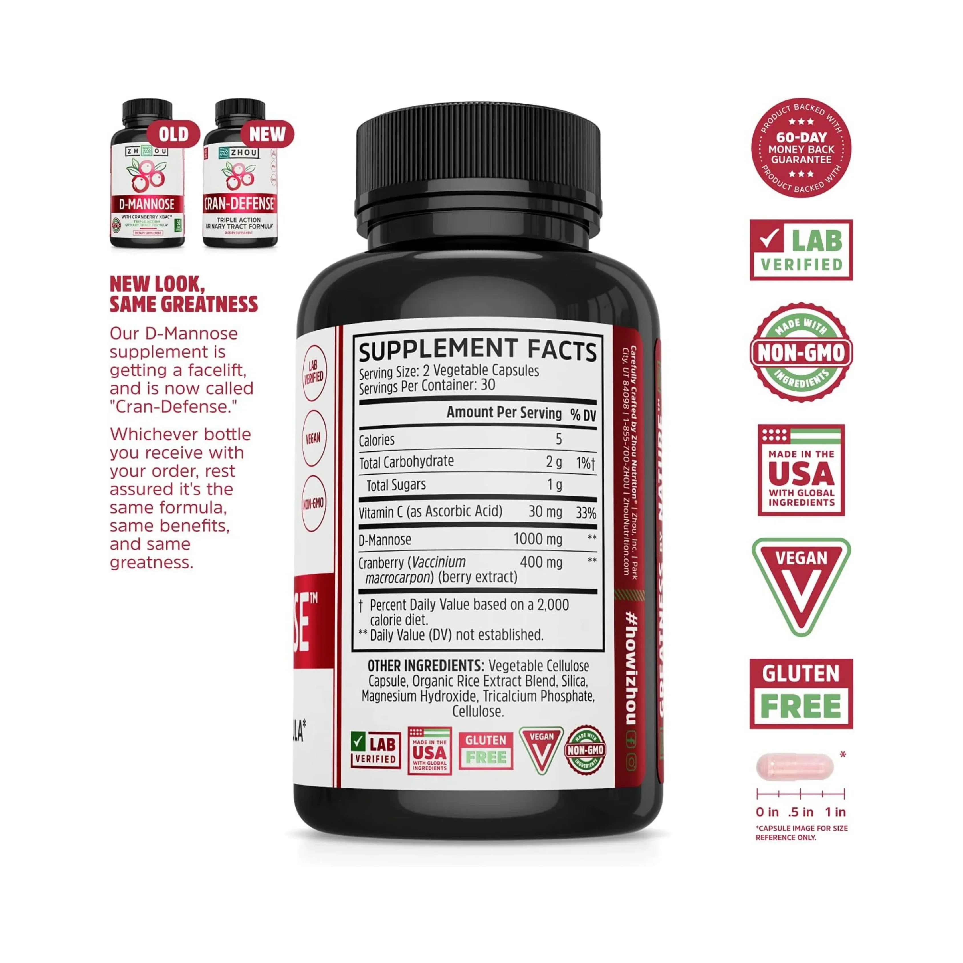 Zhou Nutrition, Cran-Defense, 60 Veggie Capsules packaging side view