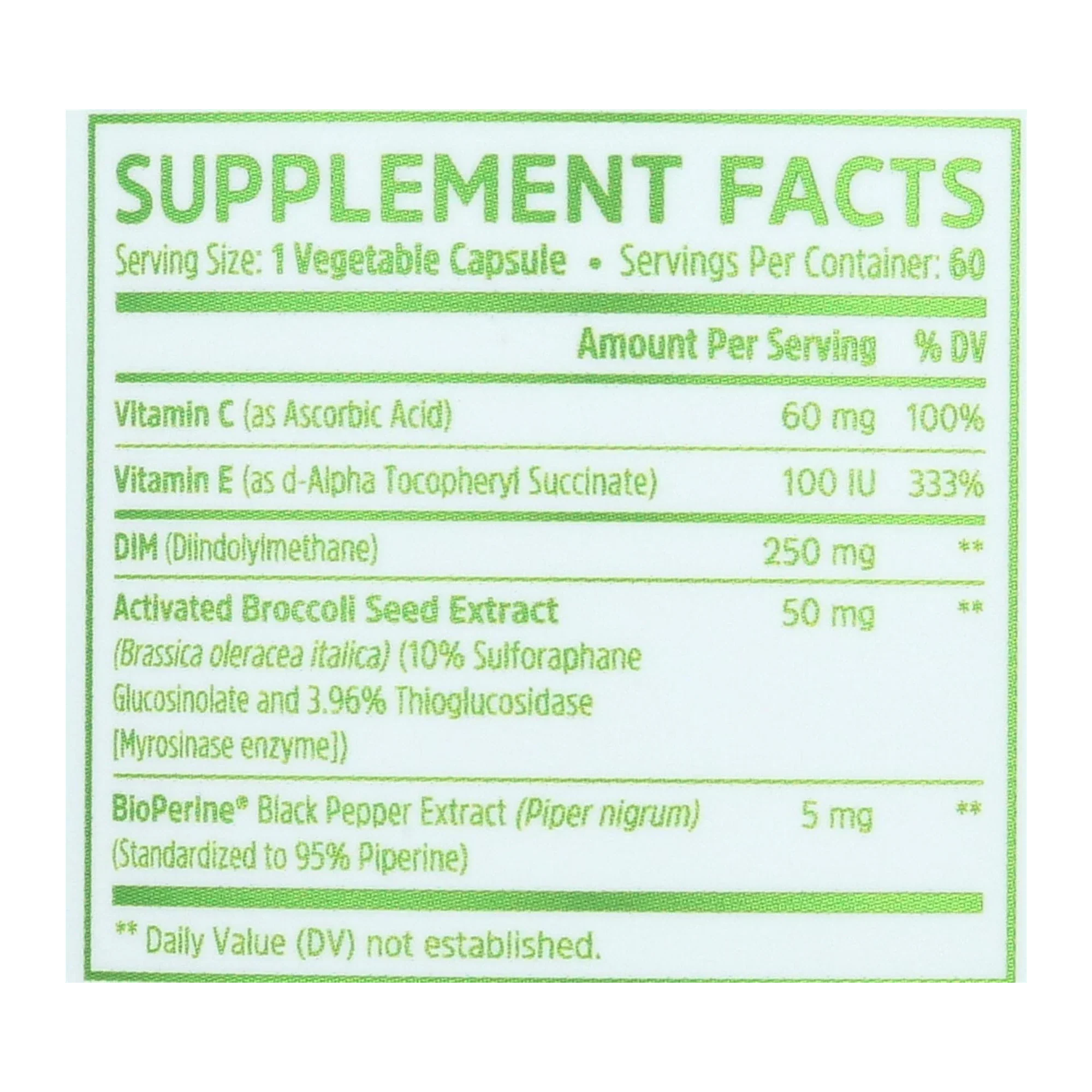 Zhou Nutrition, DIM Active™ With Activated Broccoli Extract, 60 Veggie Capsules supplement facts label showing ingredients, vitamins, minerals, and serving information