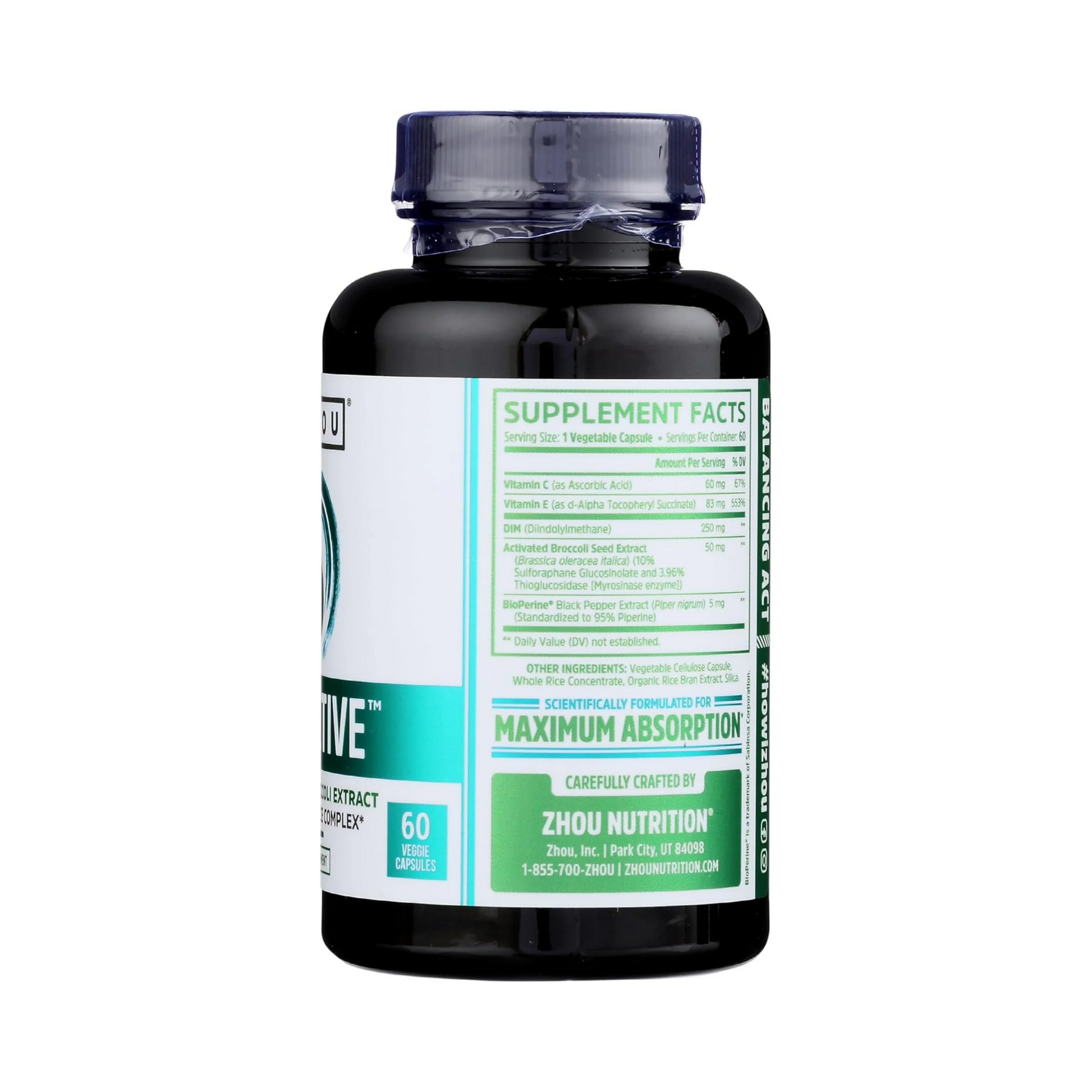 Zhou Nutrition, DIM Active With Activated Broccoli Extract, 60 Veggie Capsules packaging side view