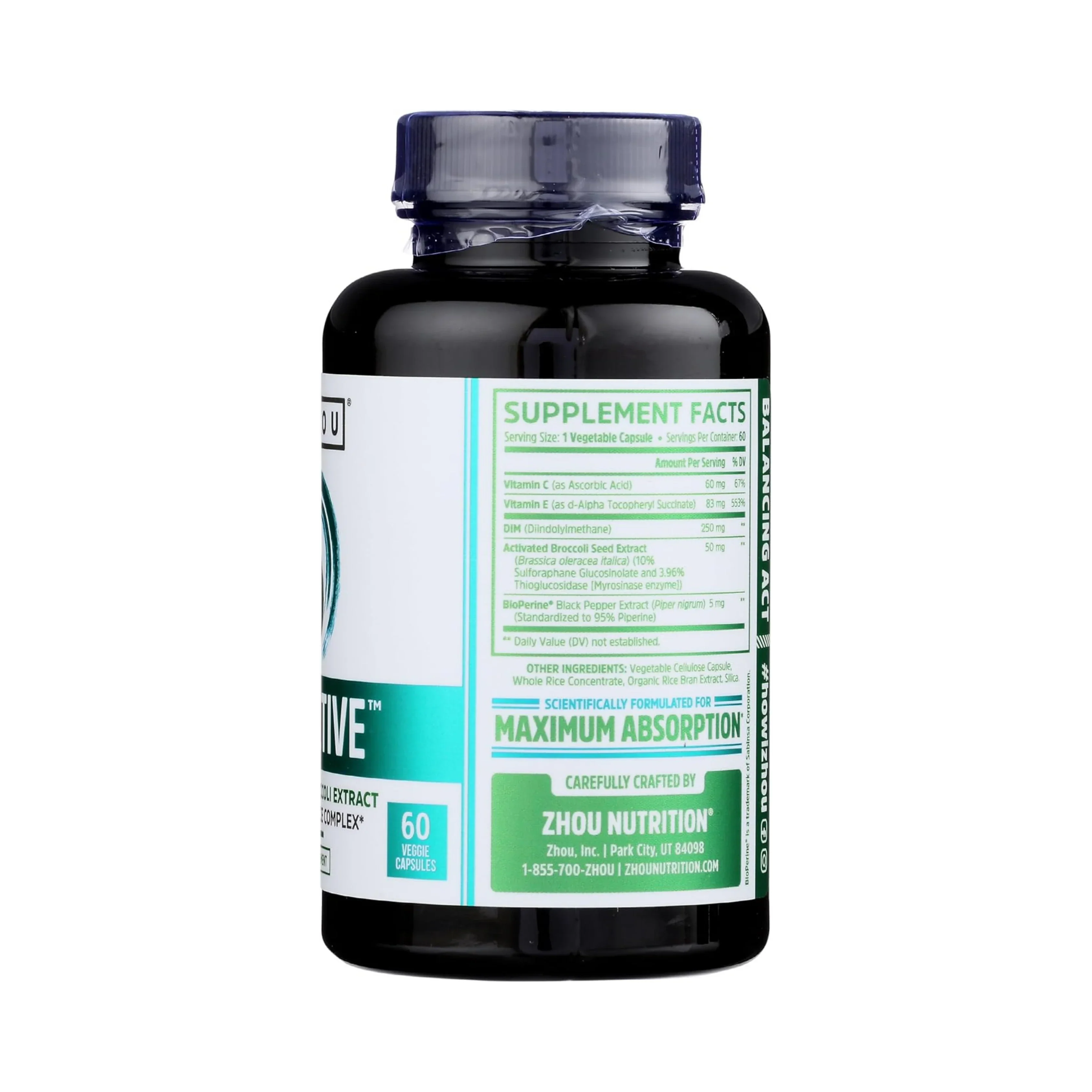 Zhou Nutrition, DIM Active With Activated Broccoli Extract, 60 Veggie Capsules packaging side view