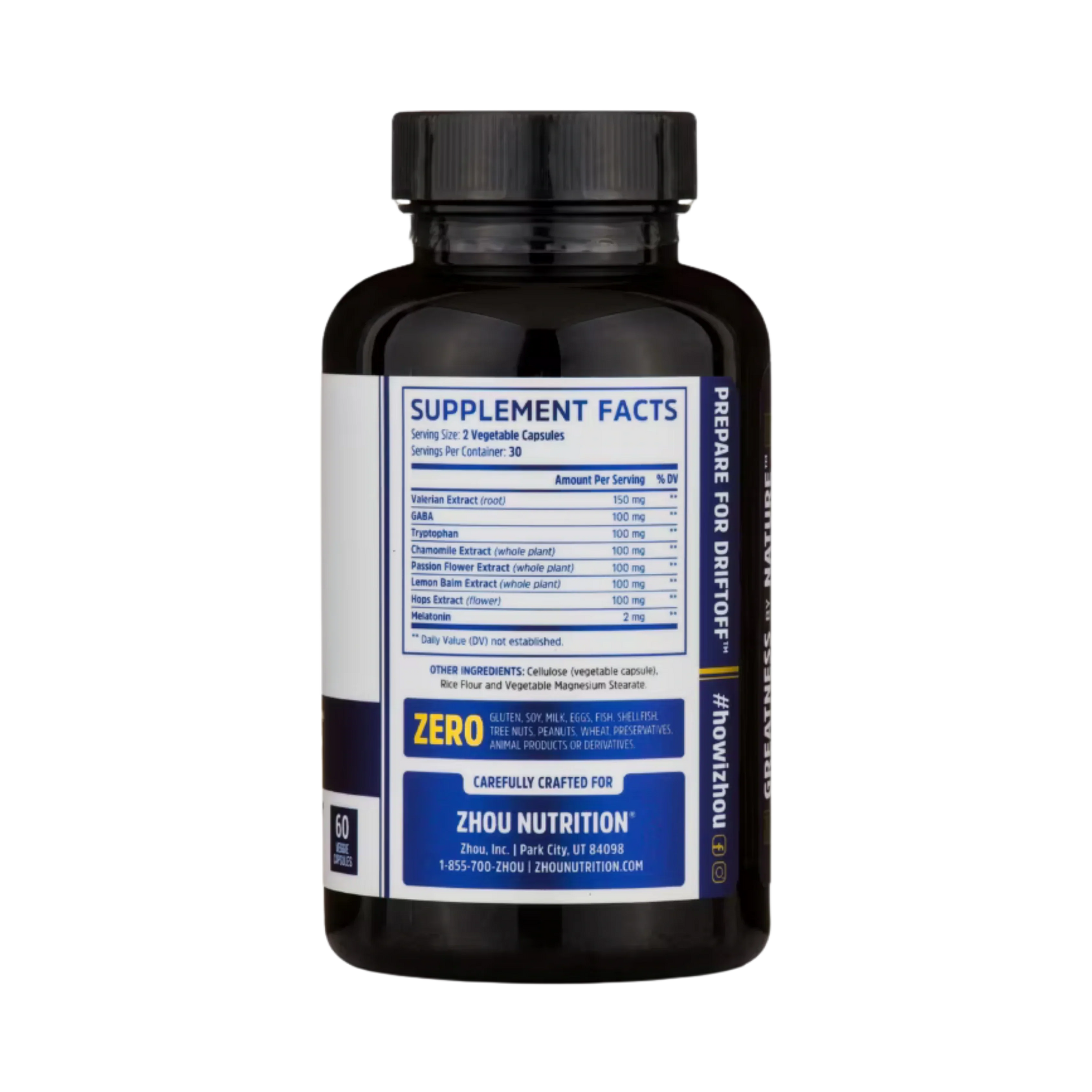 Zhou Nutrition, Driftoff, Soothing Sleep Formula, 60 Capsules back packaging view