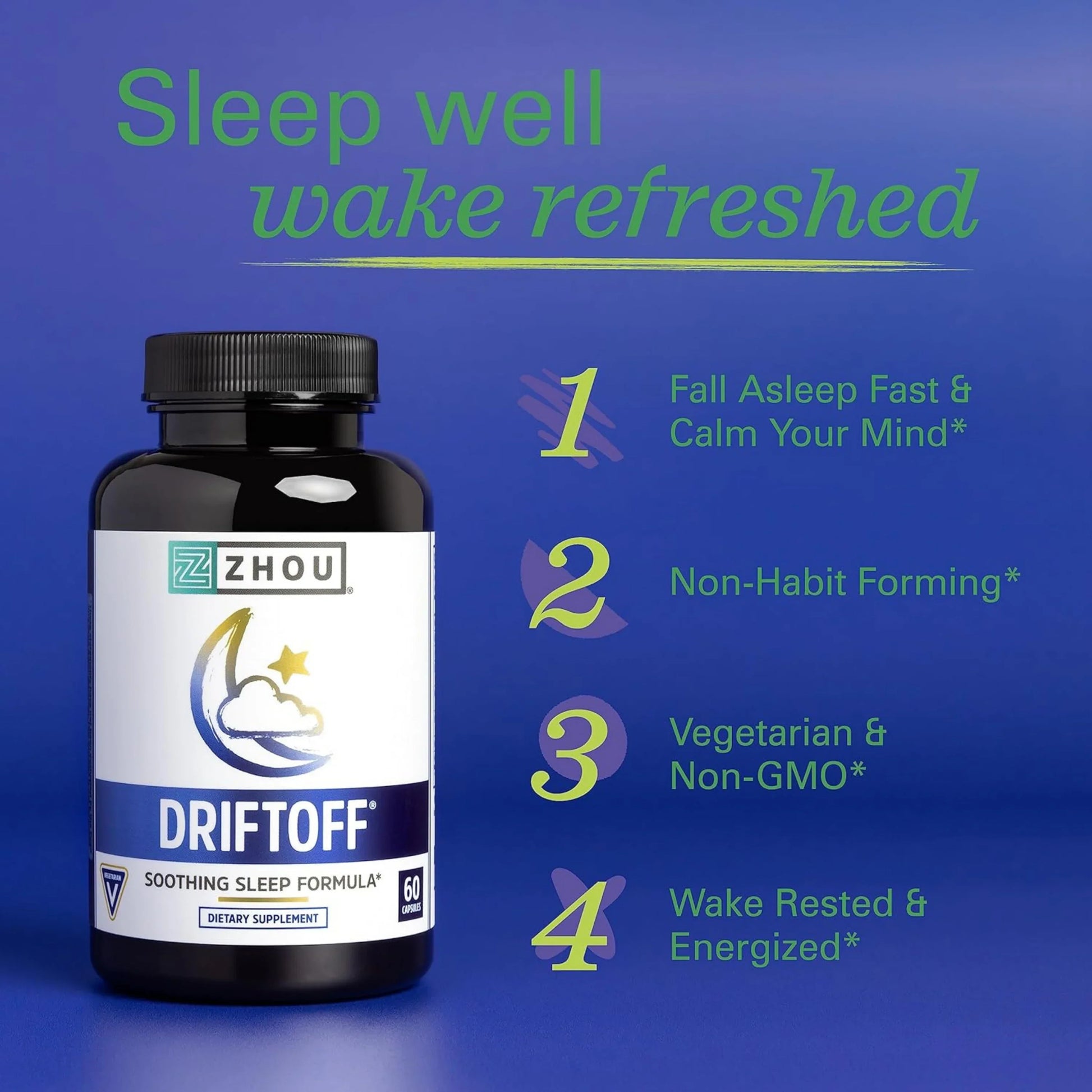 Zhou Nutrition, Driftoff, Soothing Sleep Formula, 60 Capsules packaging side view