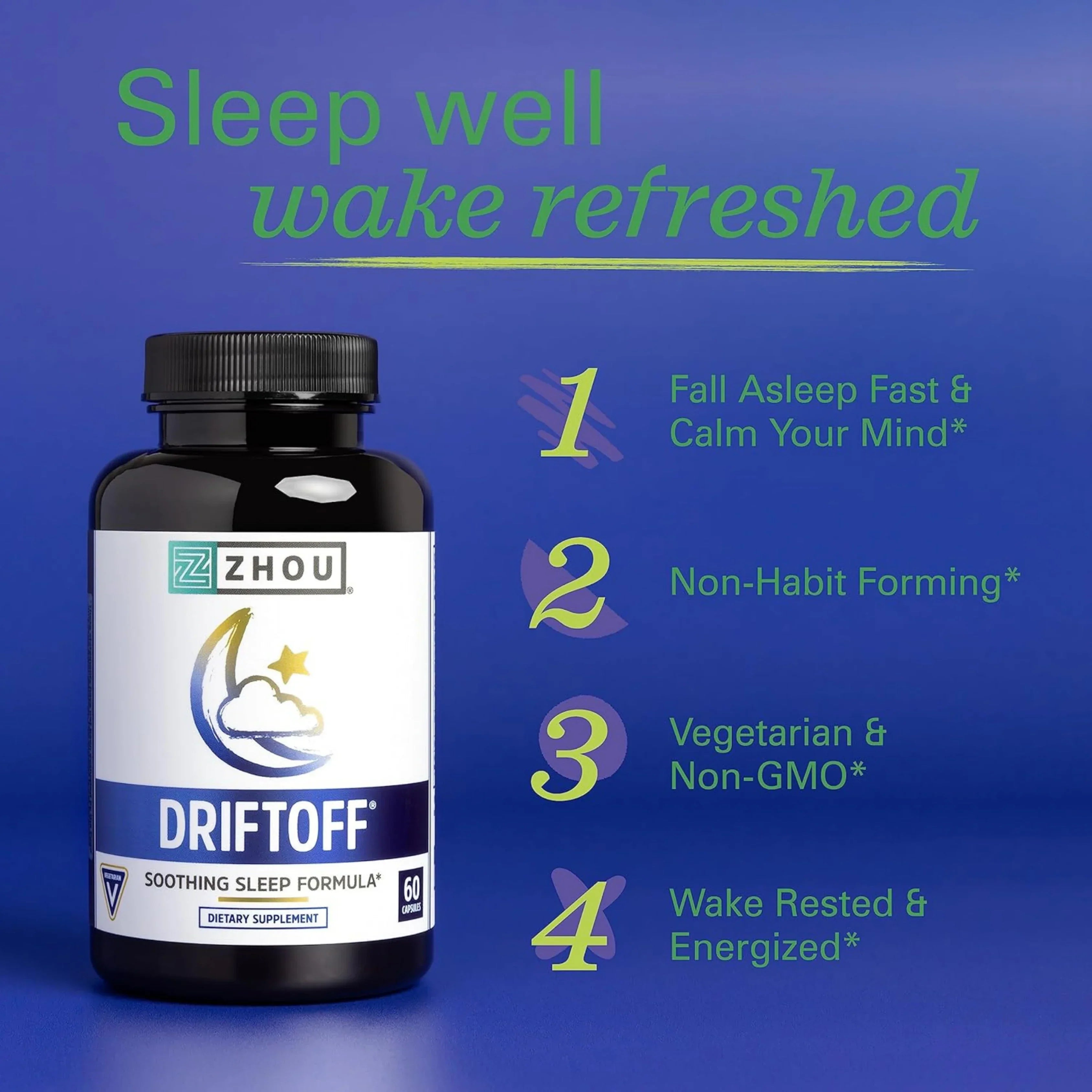 Zhou Nutrition, Driftoff, Soothing Sleep Formula, 60 Capsules packaging side view