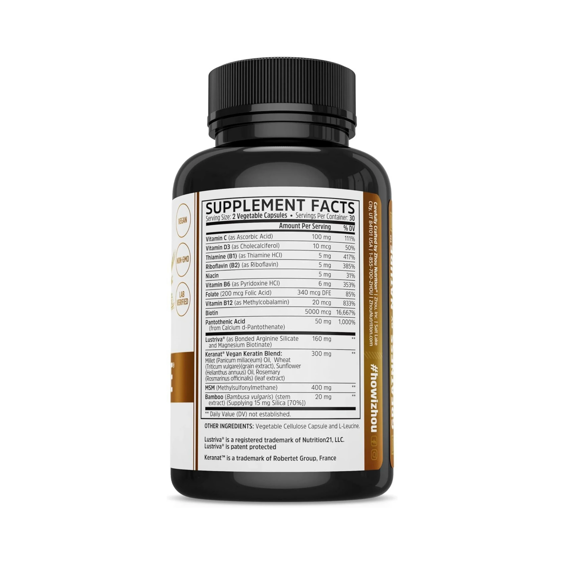 Zhou Nutrition, Hairfluence, 60 Veggie Capsules back packaging view