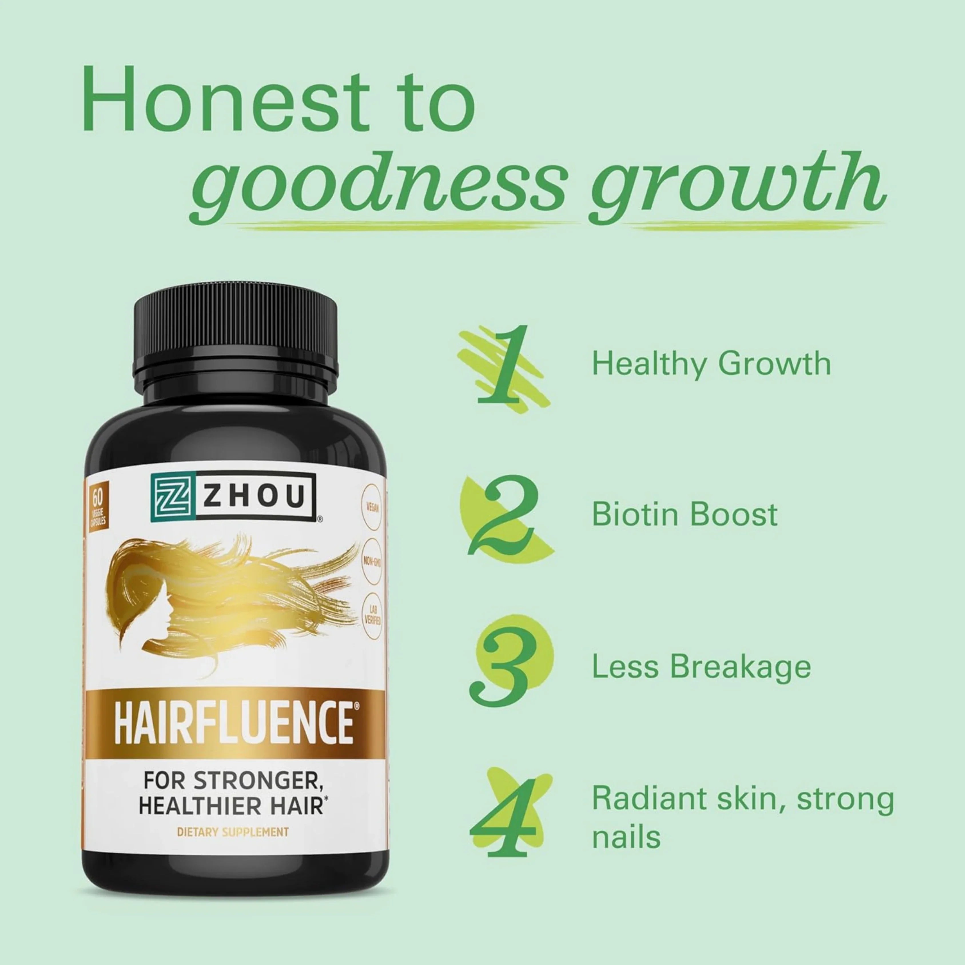 Zhou Nutrition, Hairfluence, 60 Veggie Capsules packaging side view