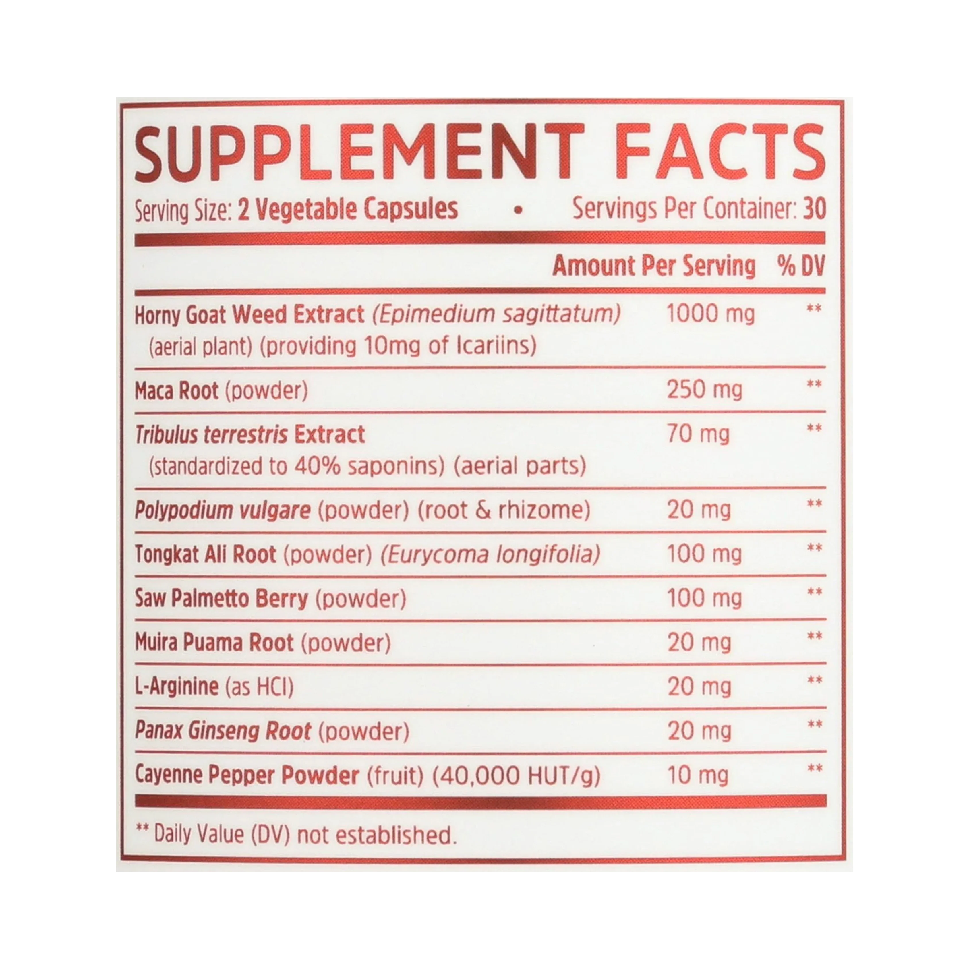 Zhou Nutrition, Horny Goat Weed, Sexual Energy Complex, 60 Veggie Capsules supplement facts label showing ingredients, vitamins, minerals, and serving information