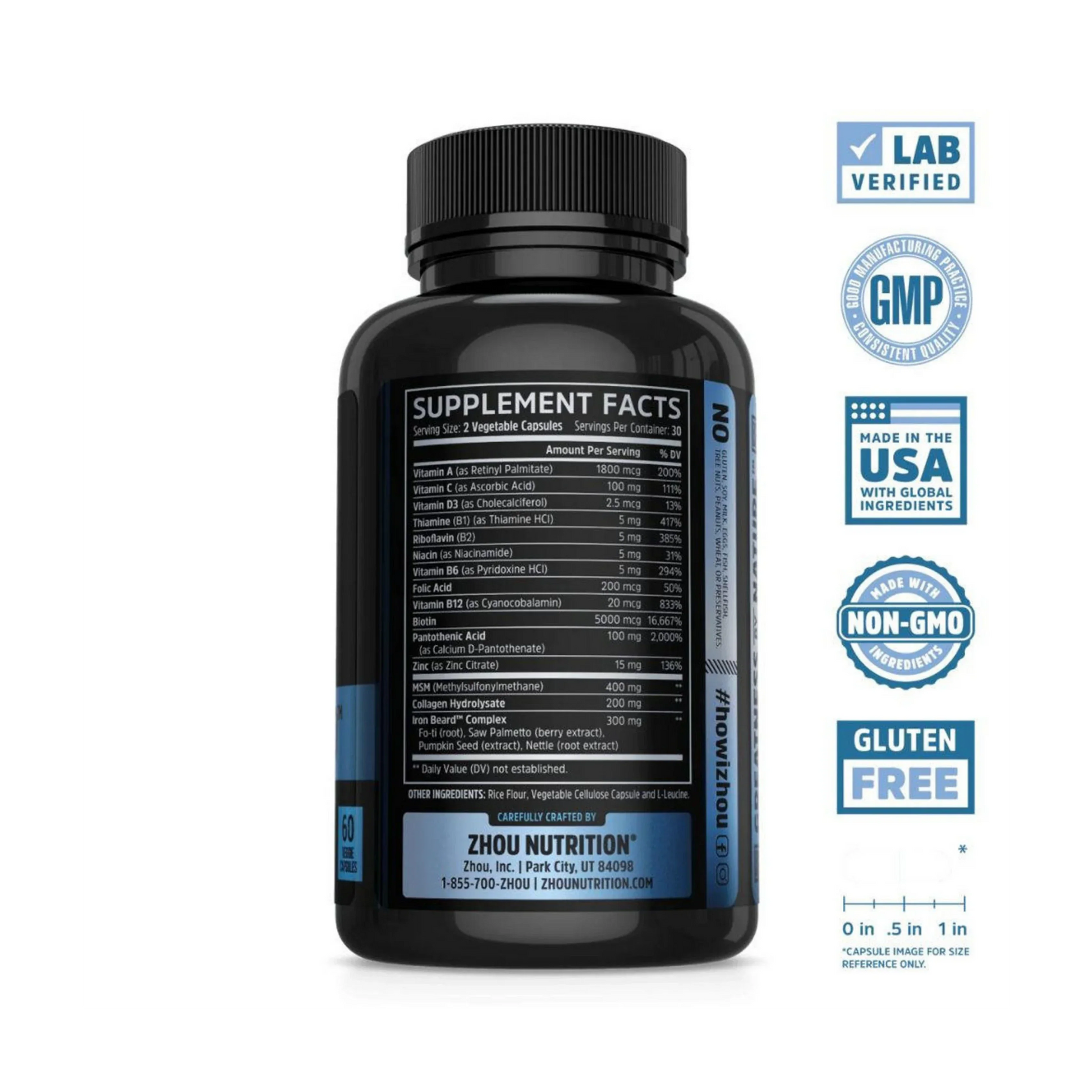 Zhou Nutrition, Iron Beard, 60 Capsules back packaging view
