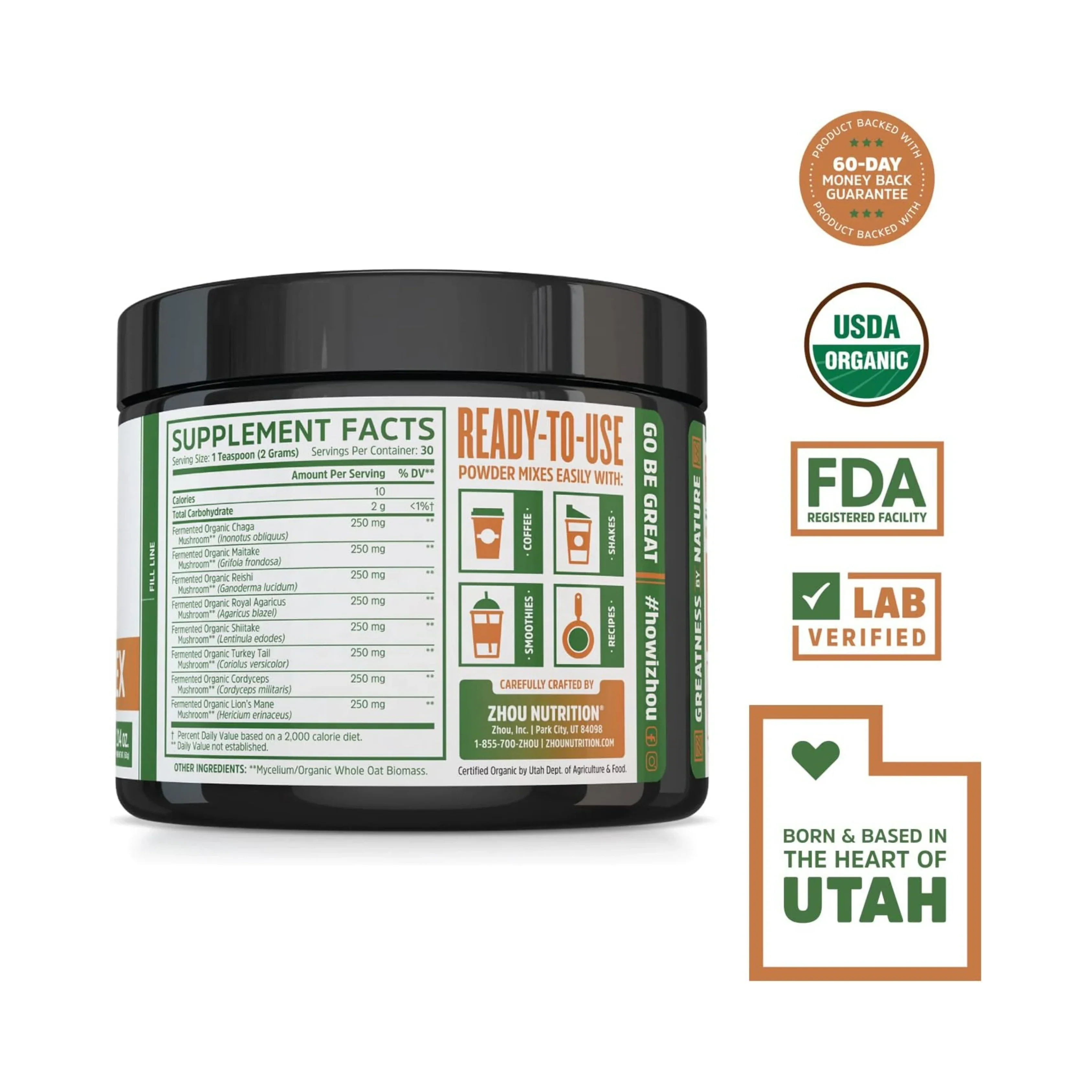 Zhou Nutrition, Mushroom 8-Plex Powder, Unflavored, 2.14 oz (60 g) back packaging view