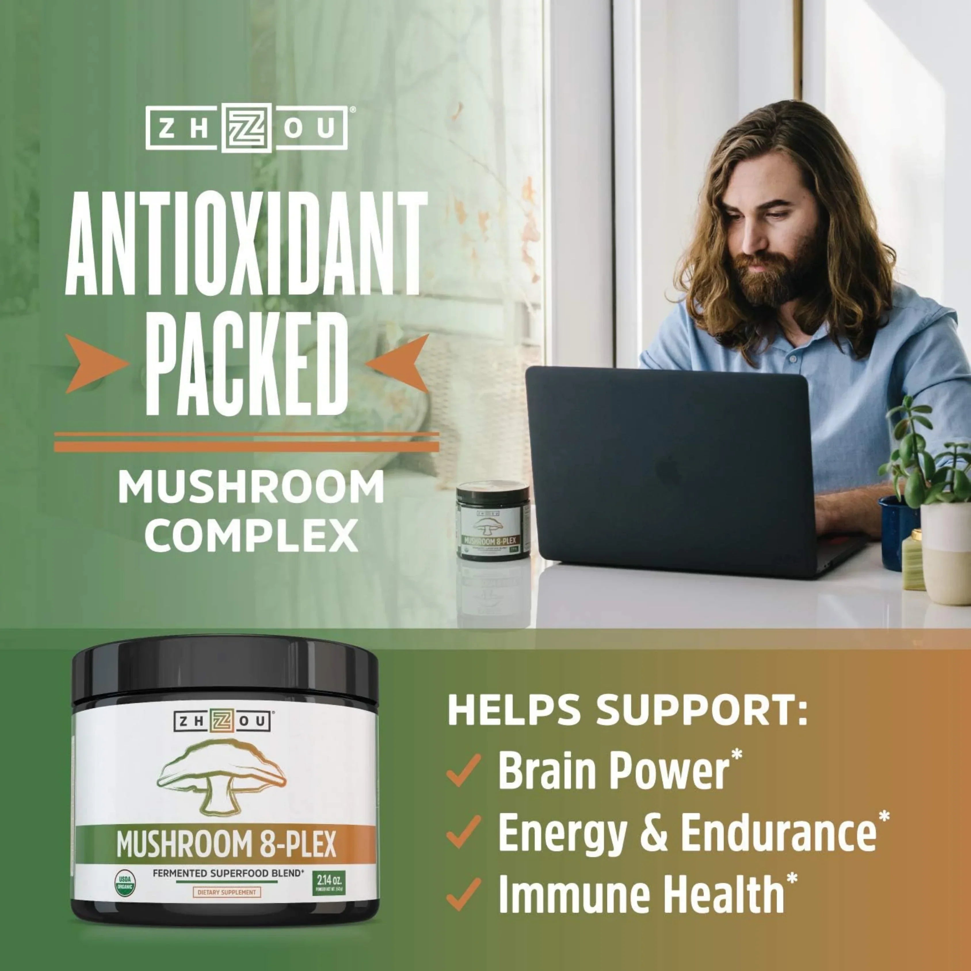 Zhou Nutrition, Mushroom 8-Plex Powder, Unflavored, 2.14 oz (60 g) packaging side view