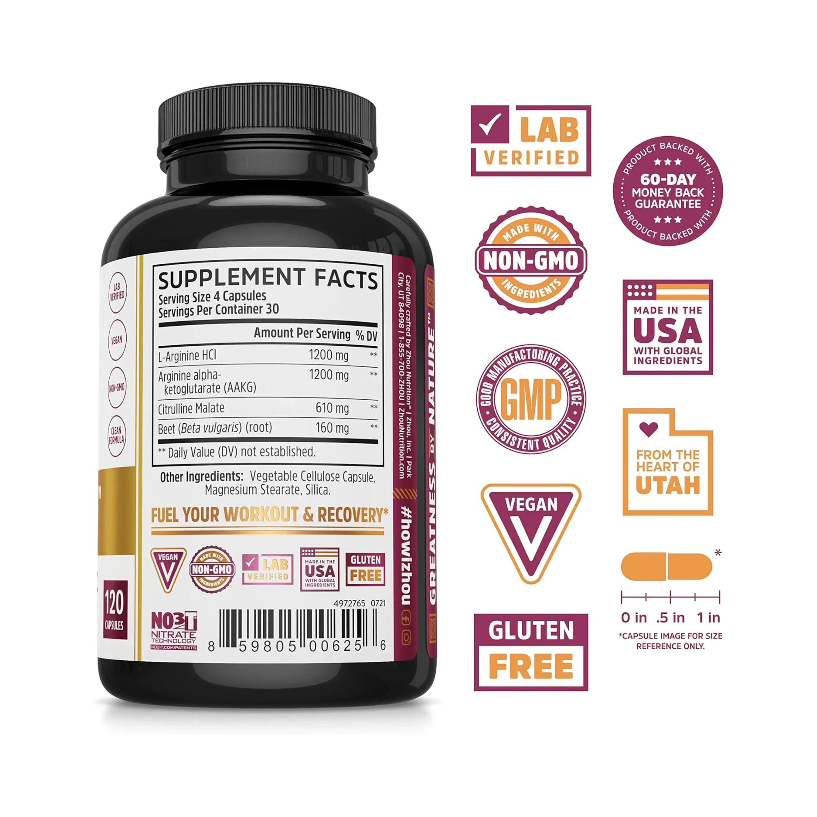 Zhou Nutrition, N.O. Pro, Premium Nitric Oxide Boost, 120 Capsules back packaging view