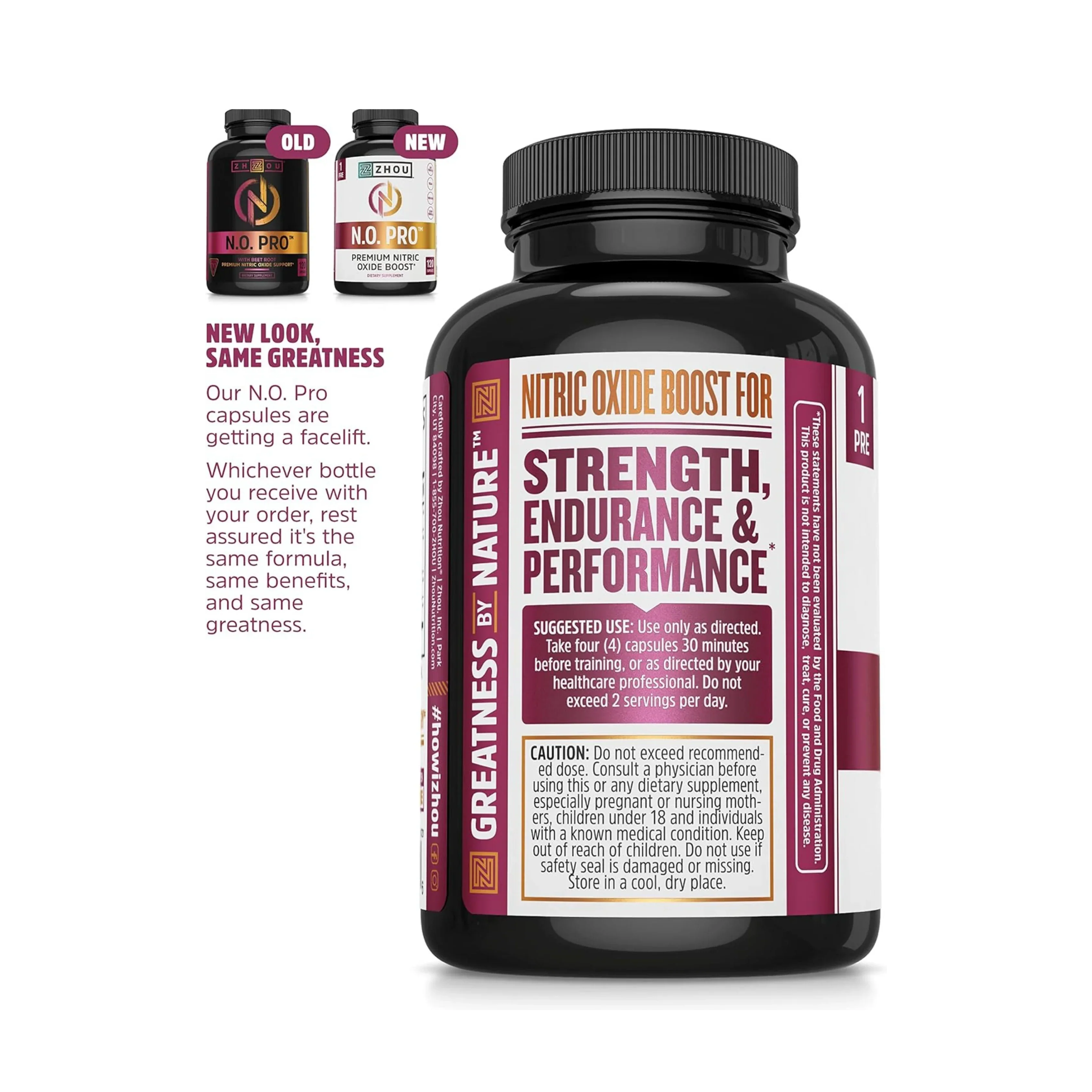 Zhou Nutrition, N.O. Pro, Premium Nitric Oxide Boost, 120 Capsules packaging side view
