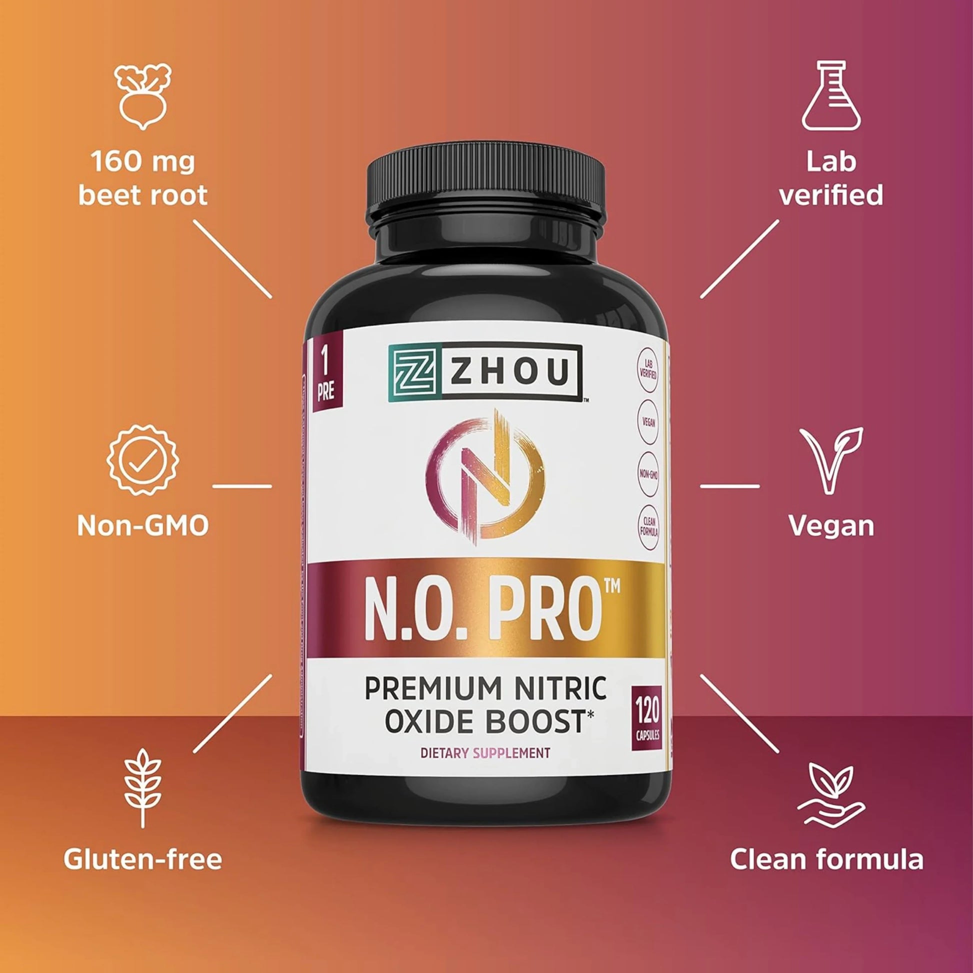 Zhou Nutrition, N.O. Pro, Premium Nitric Oxide Boost, 120 Capsules packaging side view