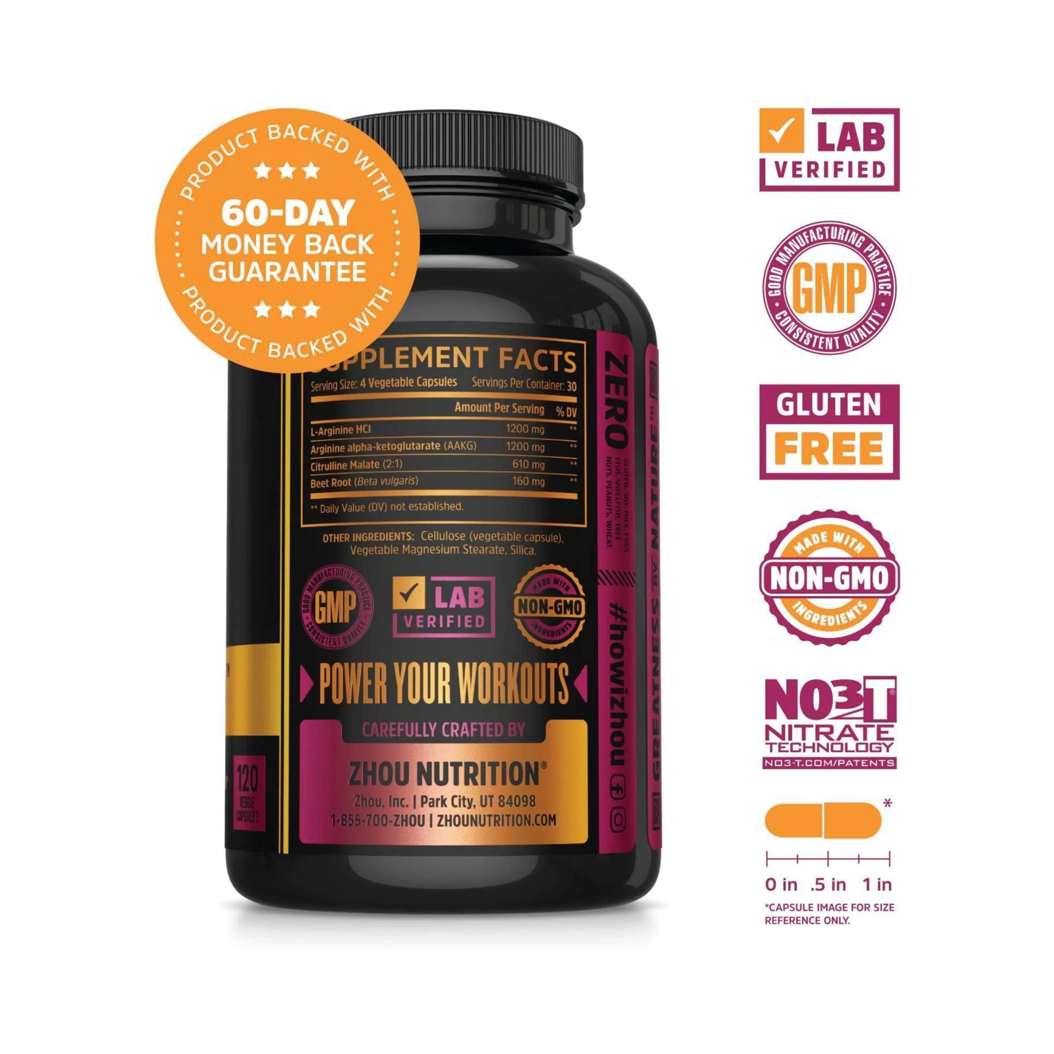 Zhou Nutrition, N.O. Pro, Premium Nitric Oxide Boost, 120 Capsules packaging side view