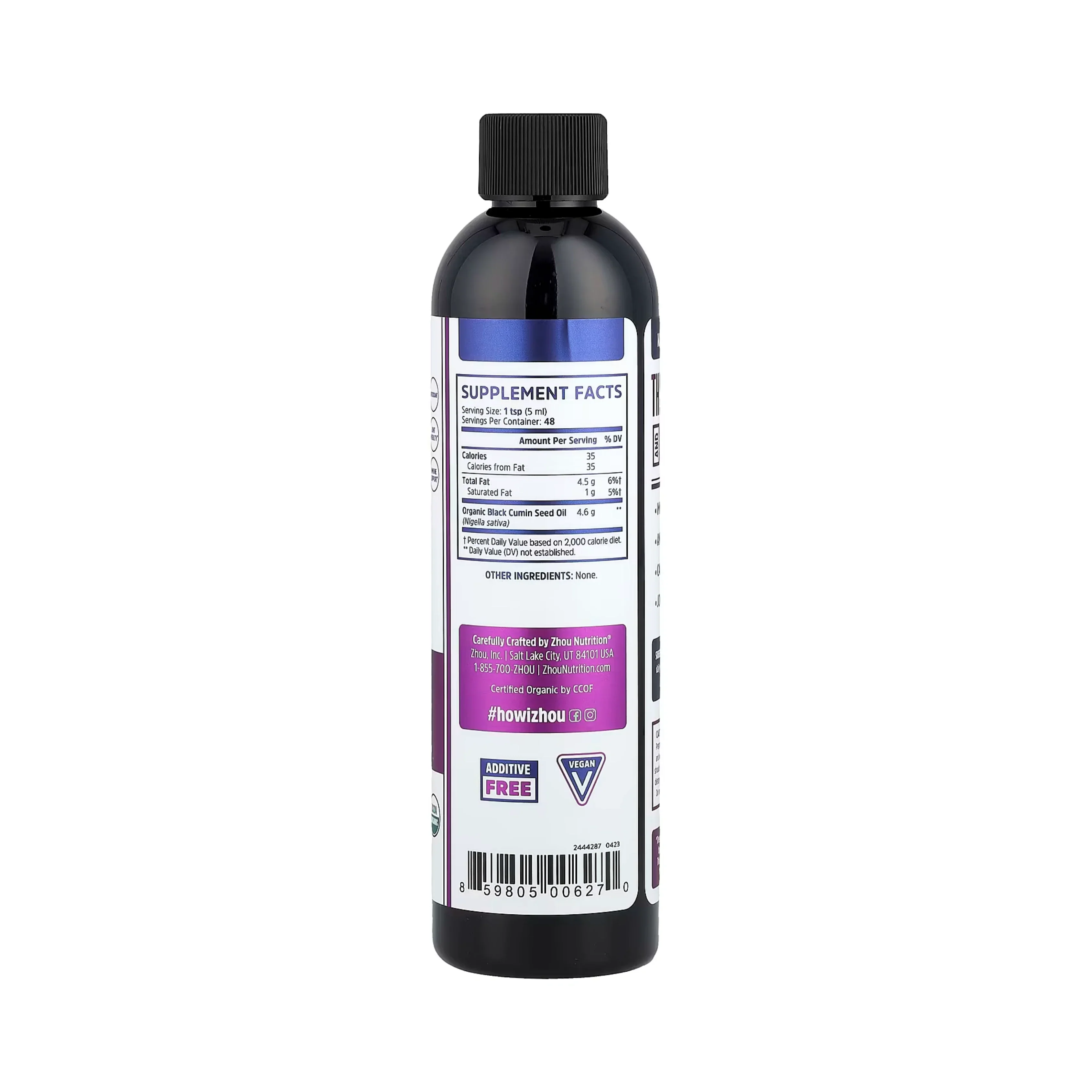 Zhou Nutrition, Organic Black Seed Oil, 8 fl oz (240 ml) back packaging view