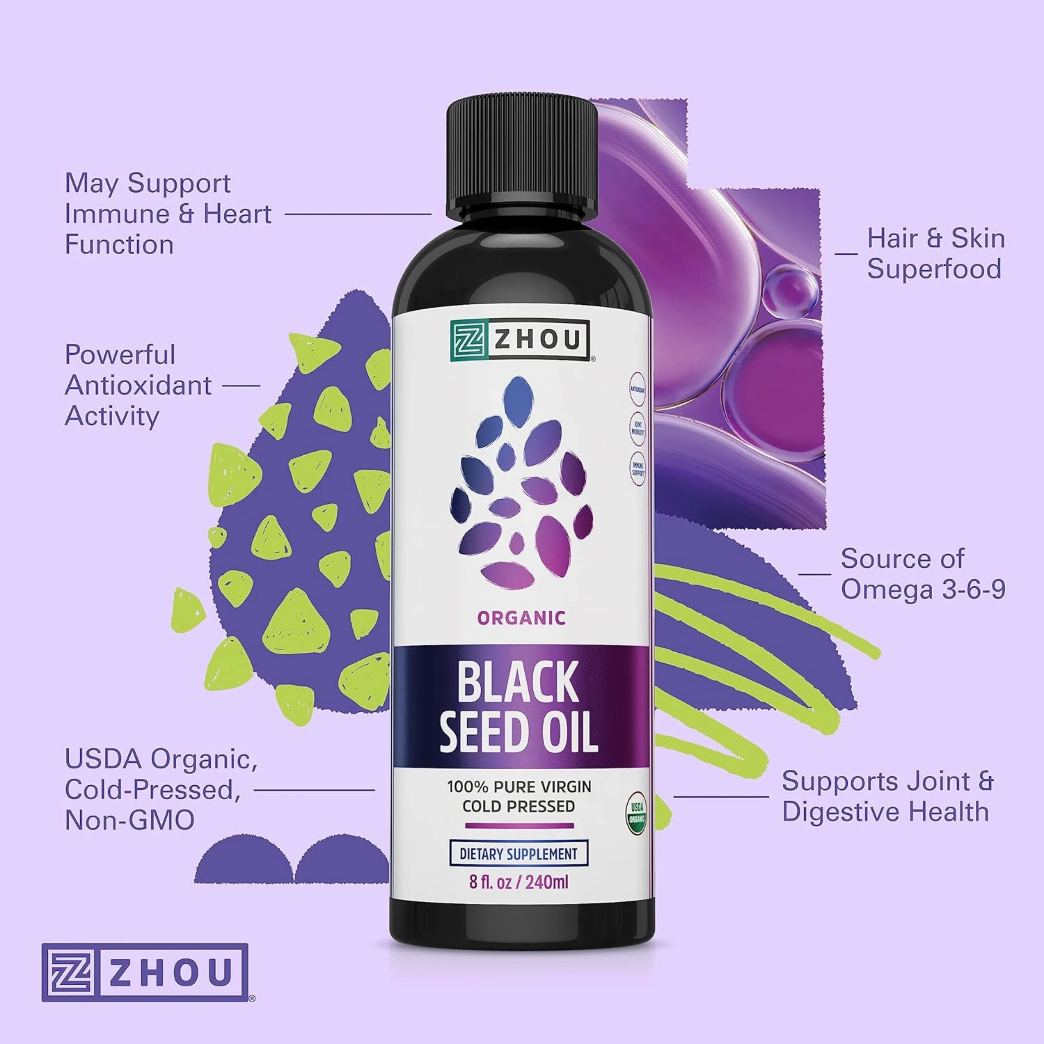 Zhou Nutrition, Organic Black Seed Oil, 8 fl oz (240 ml) packaging side view