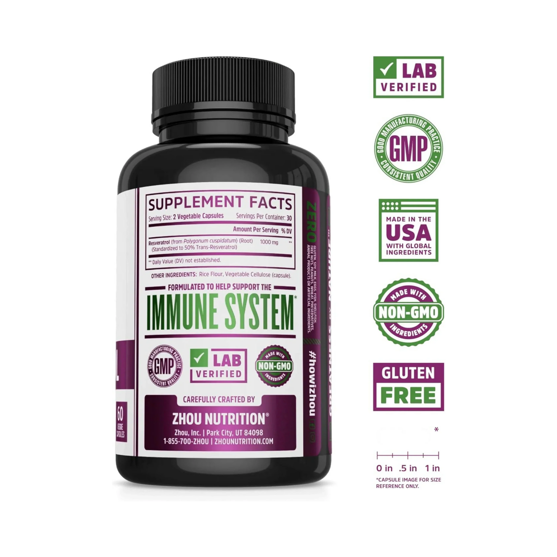 Zhou Nutrition, Resveratrol, 60 Veggie Capsules (500 mg per Capsule) back packaging view