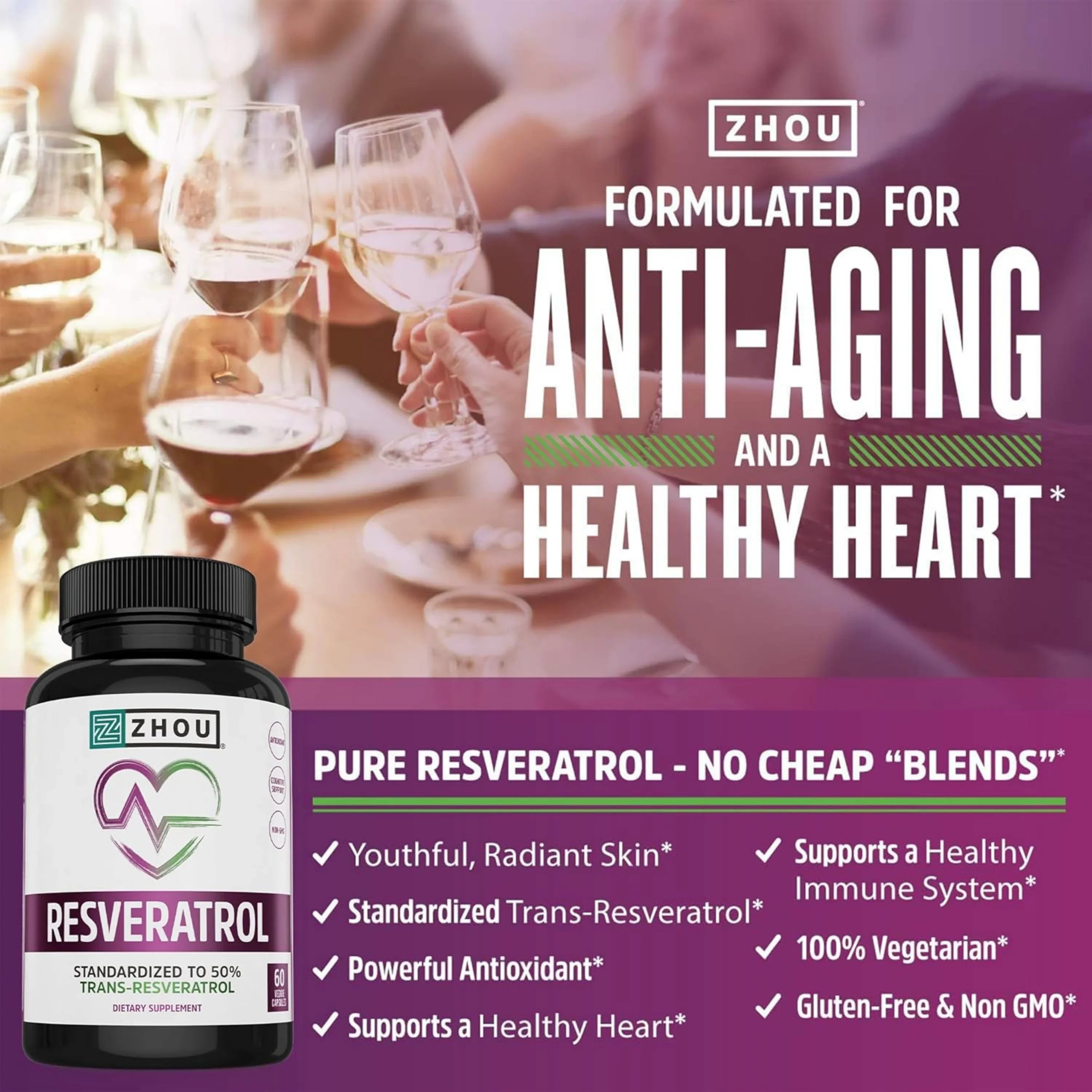 Zhou Nutrition, Resveratrol, 60 Veggie Capsules (500 mg per Capsule) packaging side view