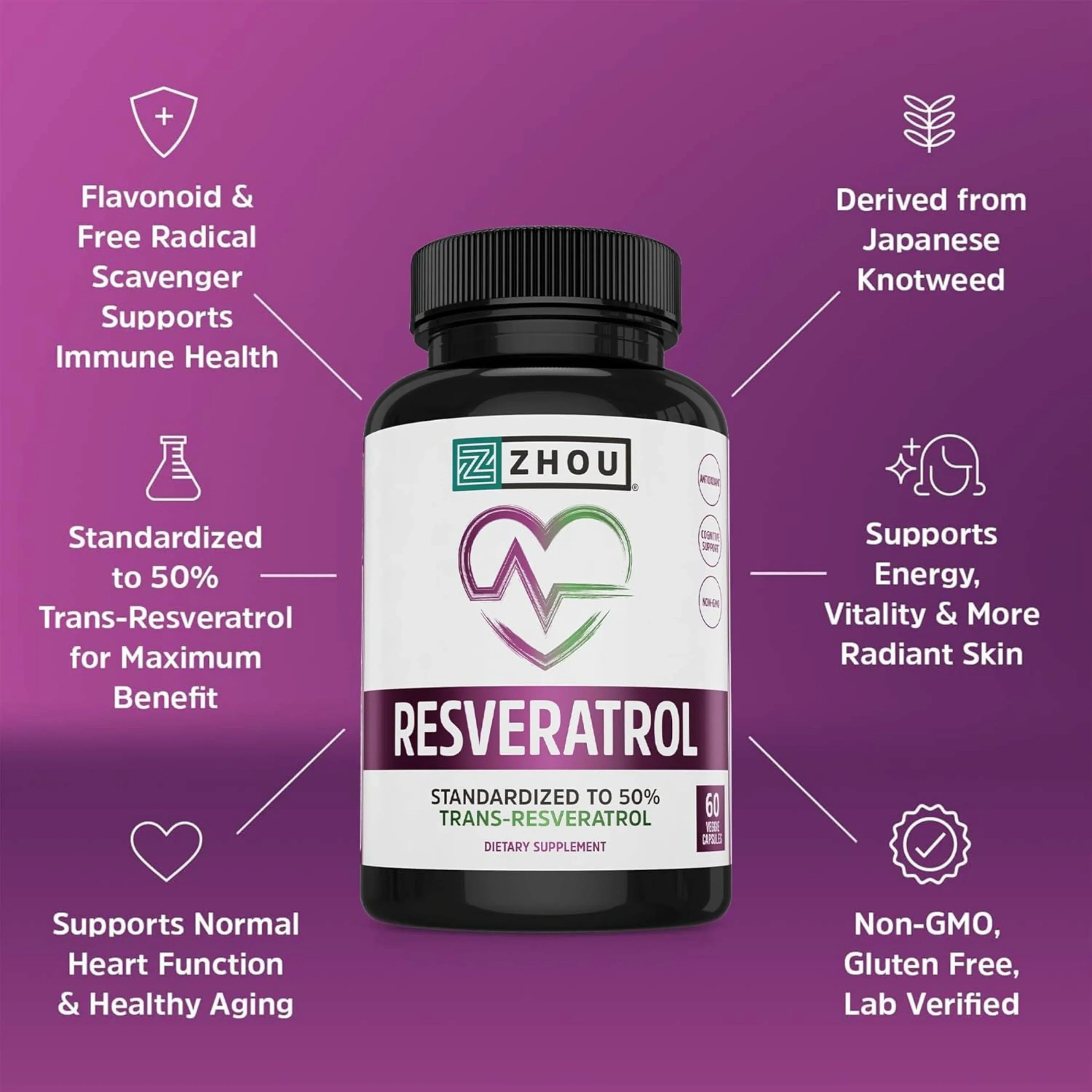 Zhou Nutrition, Resveratrol, 60 Veggie Capsules (500 mg per Capsule) packaging side view