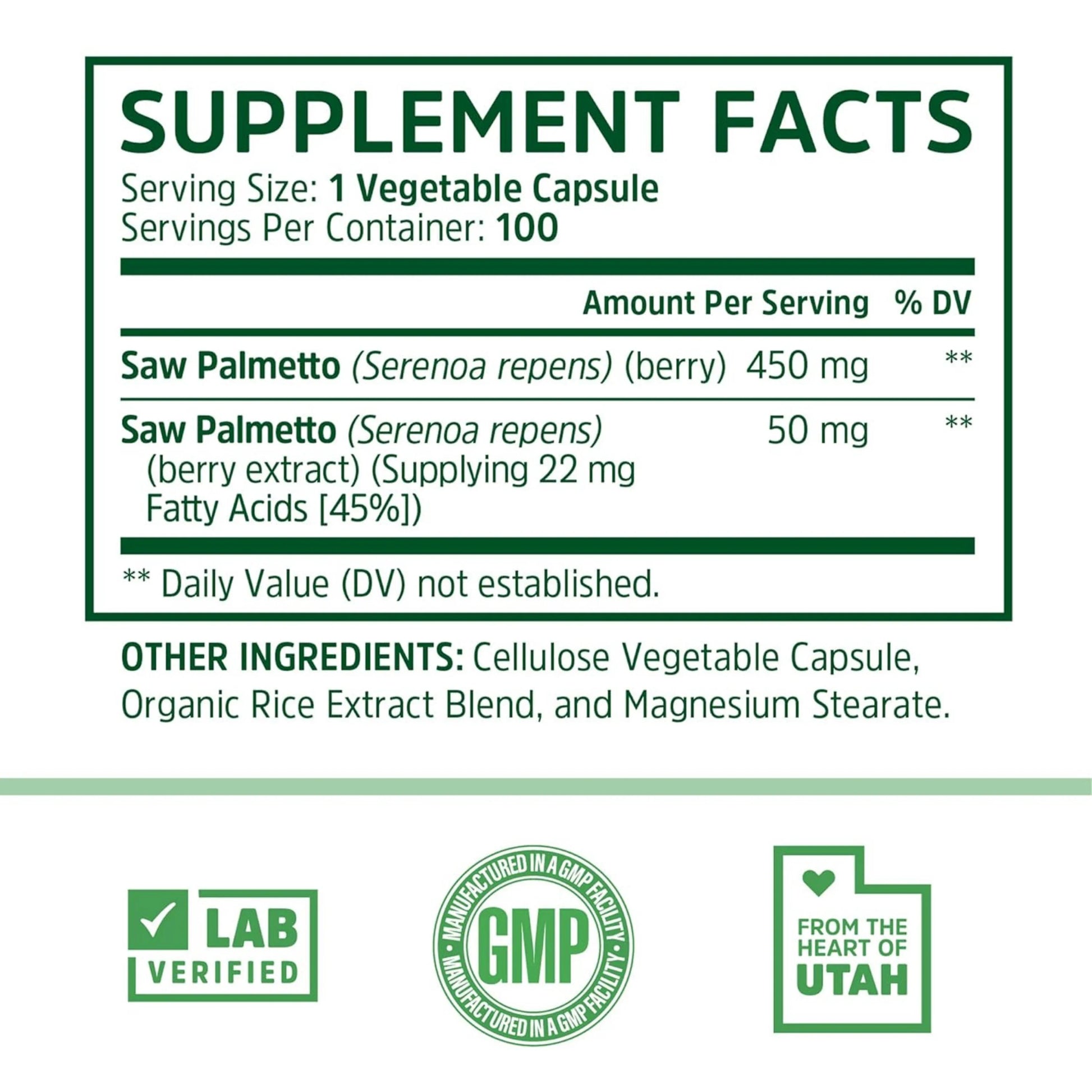 Zhou Nutrition, Saw Palmetto, 100 Veggie Capsules supplement facts label showing ingredients, vitamins, minerals, and serving information