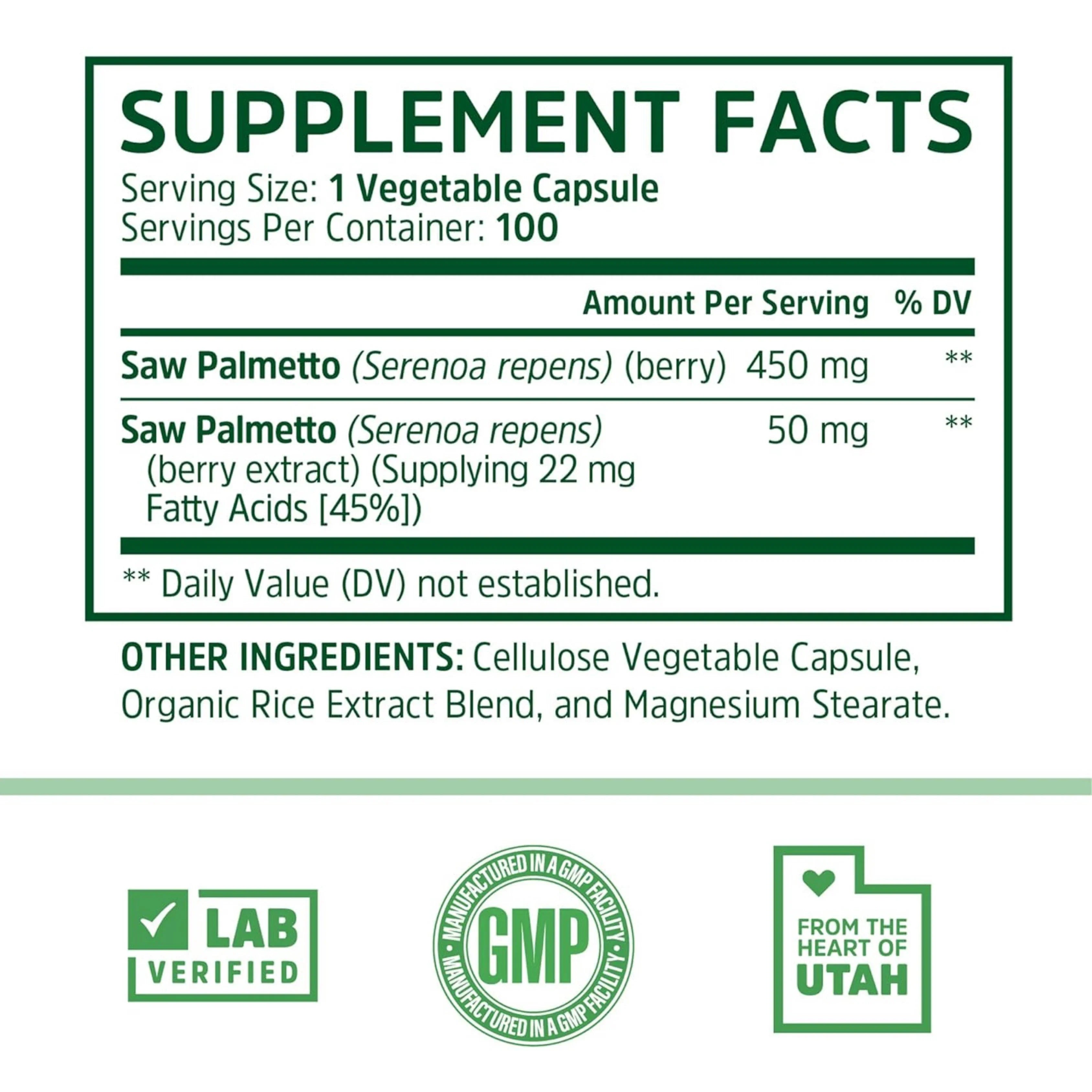 Zhou Nutrition, Saw Palmetto, 100 Veggie Capsules supplement facts label showing ingredients, vitamins, minerals, and serving information