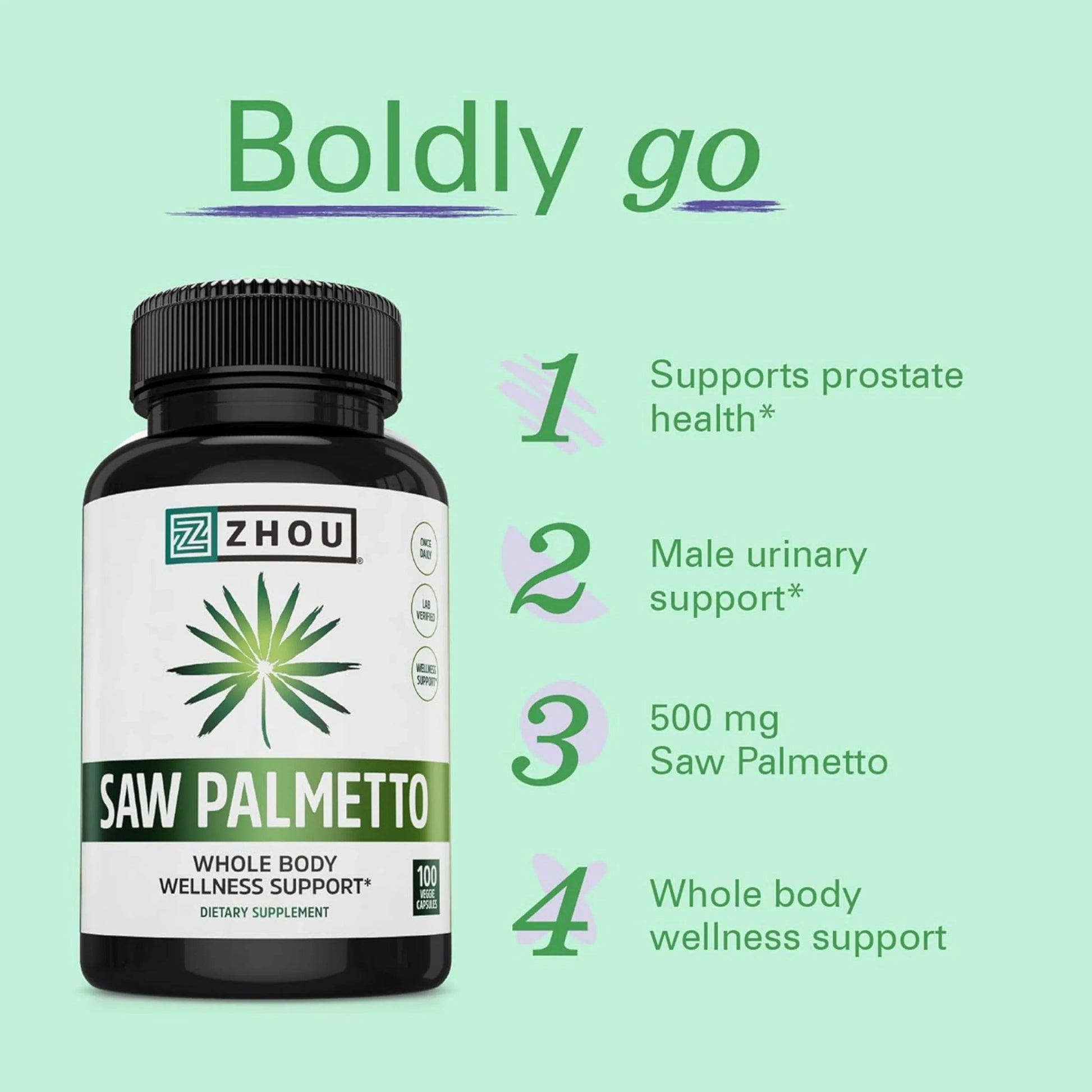 Zhou Nutrition, Saw Palmetto, 100 Veggie Capsules packaging side view