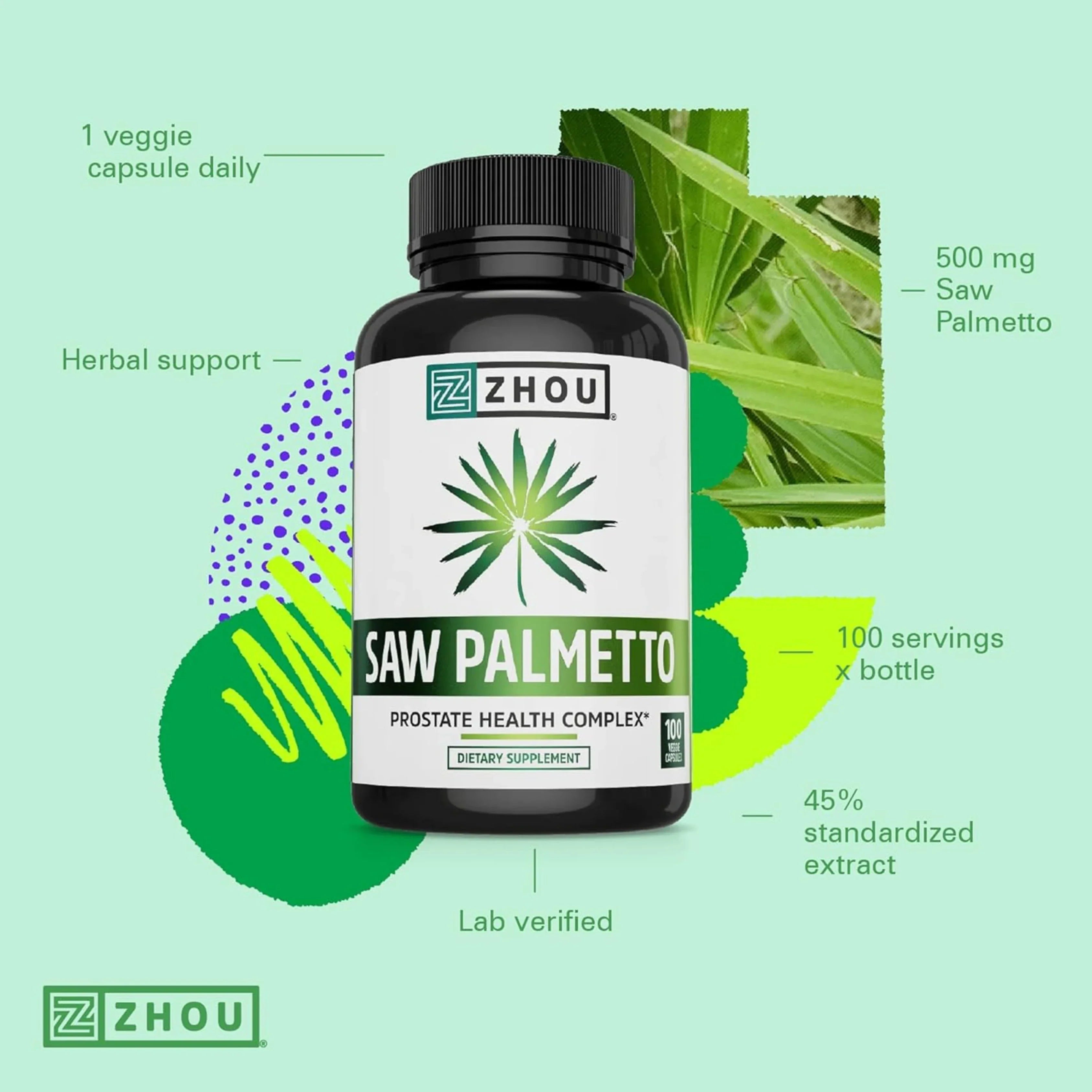 Zhou Nutrition, Saw Palmetto, 100 Veggie Capsules packaging side view