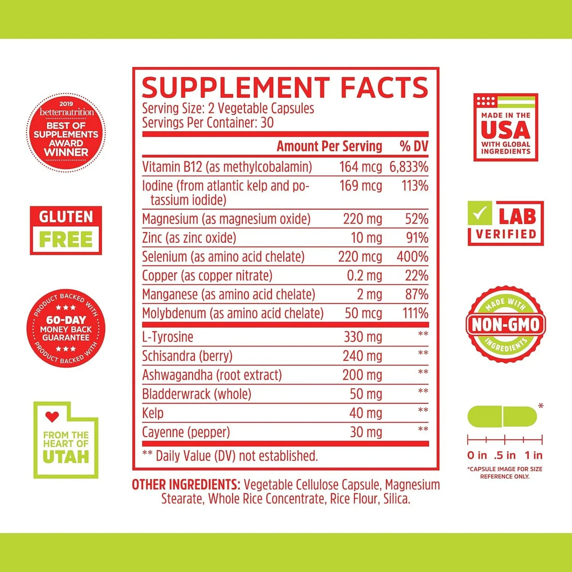 Zhou Nutrition, Thyroid Support with Iodine, 60 Veggie Capsules supplement facts label showing ingredients, vitamins, minerals, and serving information