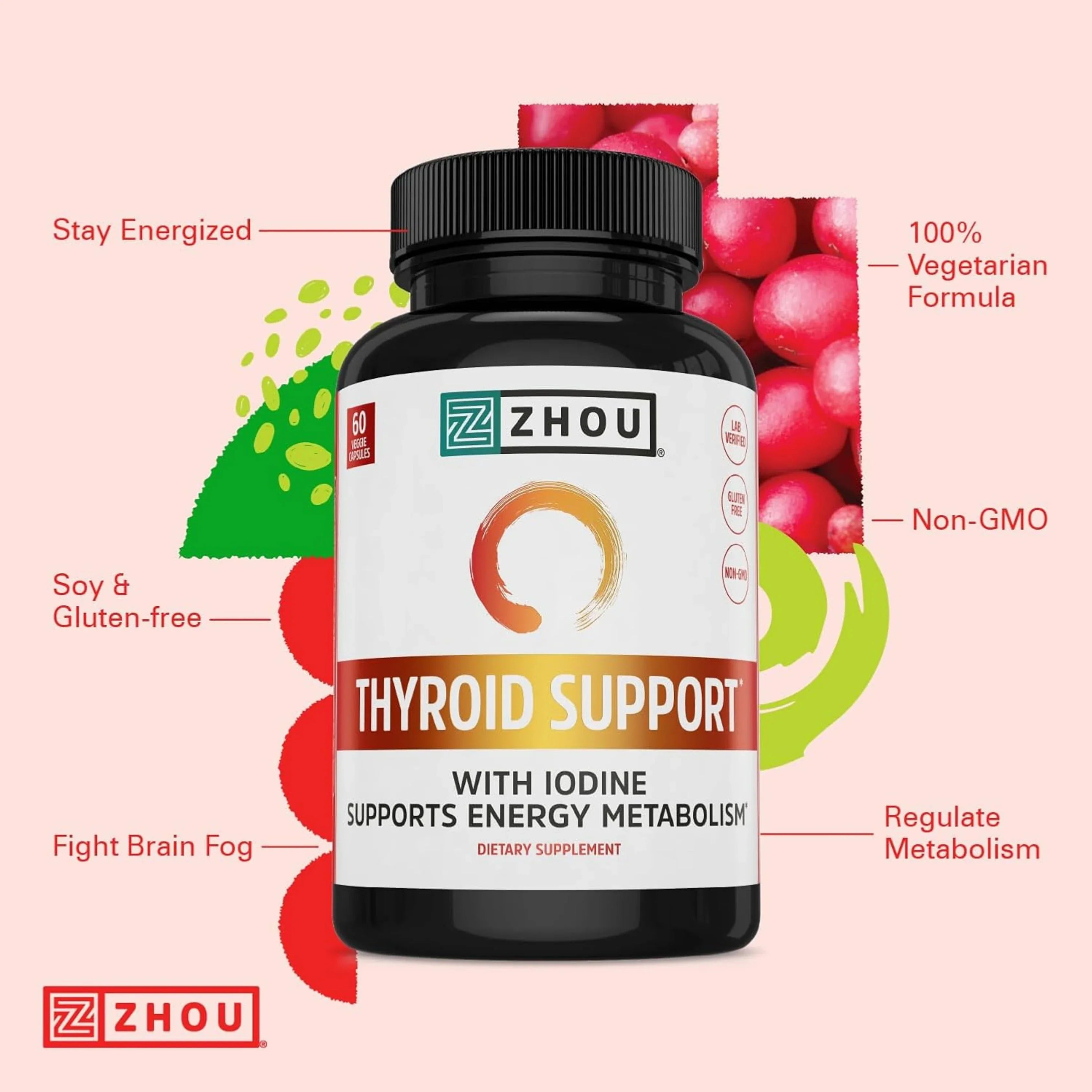 Zhou Nutrition, Thyroid Support with Iodine, 60 Veggie Capsules packaging side view